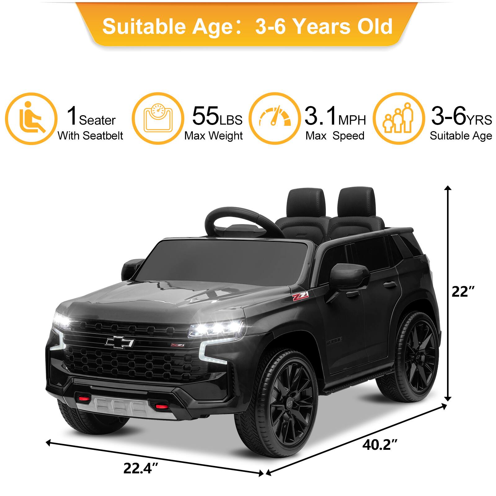 Suitable Age: 3-6 Years Old

1 Seater With Seatbelt

55 LBS Max Weight

3.1 MPH Max Speed

3-6 YRS Suitable Age

22" (Width)

22.4" (Height)

40.2" (Length)
