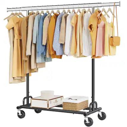 Front. Hirose Alice - Clothing Rack Clothing Foldable Rolling Collapsible Clothes heavy duty racks garment with wheels and - Black-Single Rod Heavy Duty.