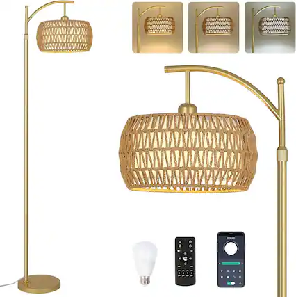 Front. Ecooso - Arc Floor Lamp with 3 Color Temperatures, Stepless Dimmable LED, Remote Control, Boho Standing Lamp for Living Room - Brown & Gold.