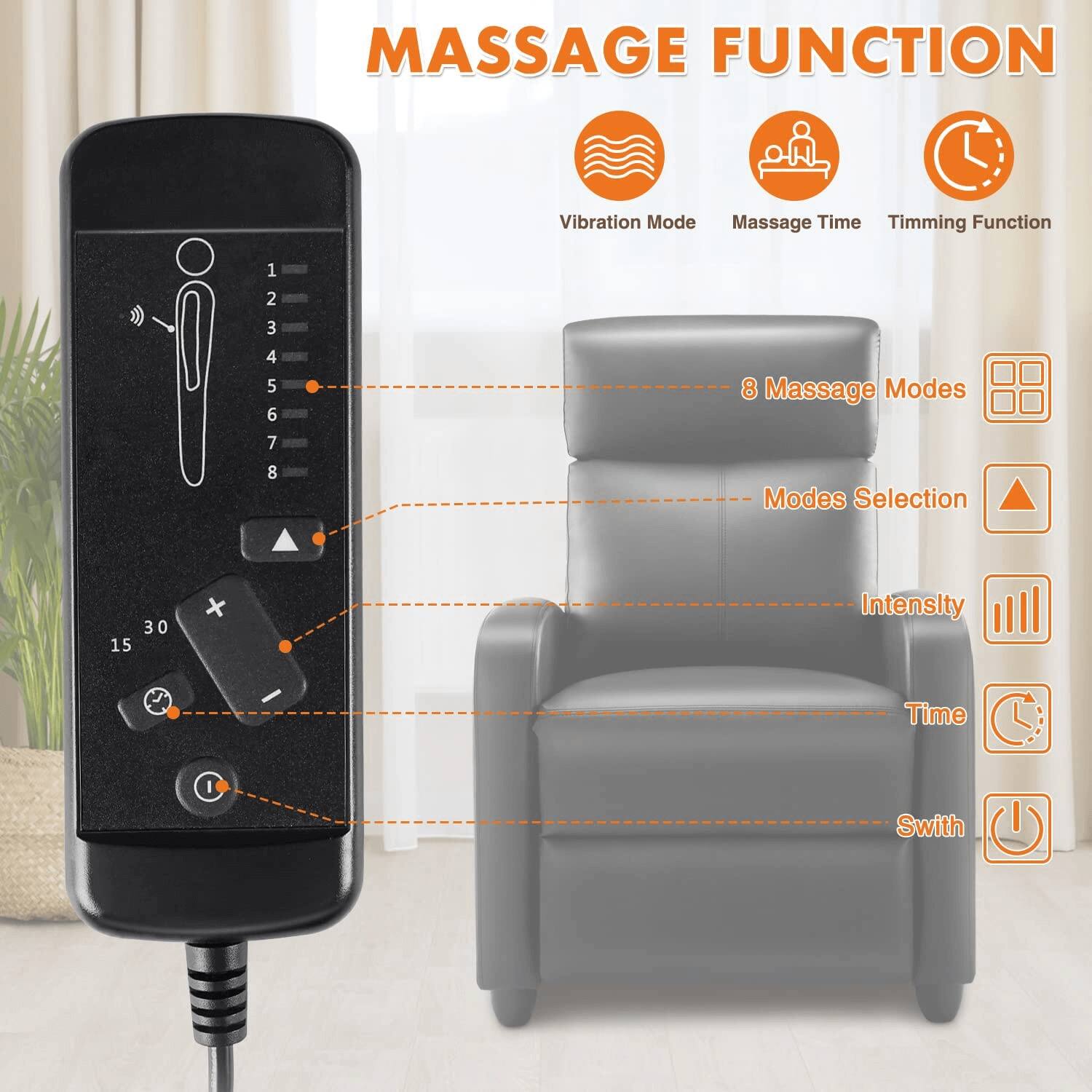 MASSAGE FUNCTION

- Vibration Mode
- Massage Time
- Timing Function

- 8 Massage Modes
- Modes Selection
- Intensity
- Time
- Switch