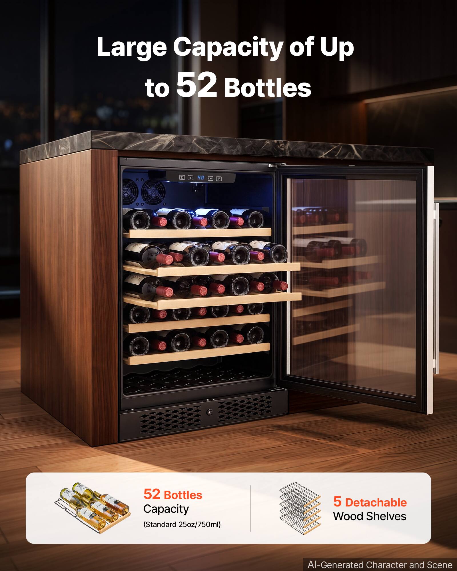 Large Capacity of Up to 52 Bottles

52 Bottles Capacity (Standard 25oz/750ml)

5 Detachable Wood Shelves

AI-Generated Character and Scene