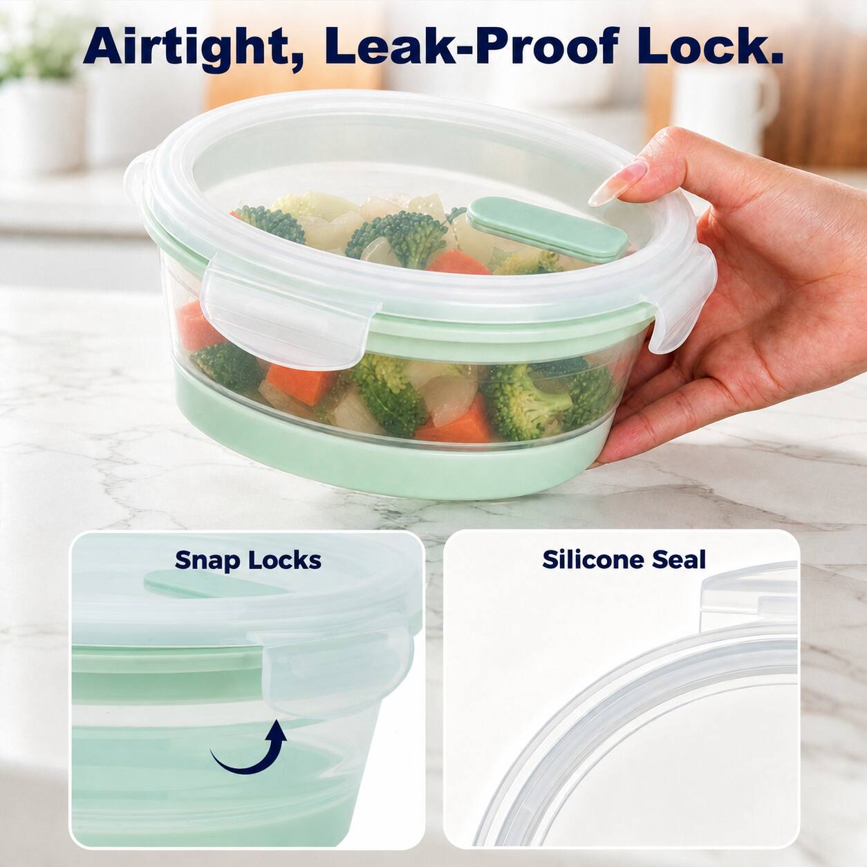 Airtight, Leak-Proof Lock.

Snap Locks

Silicone Seal