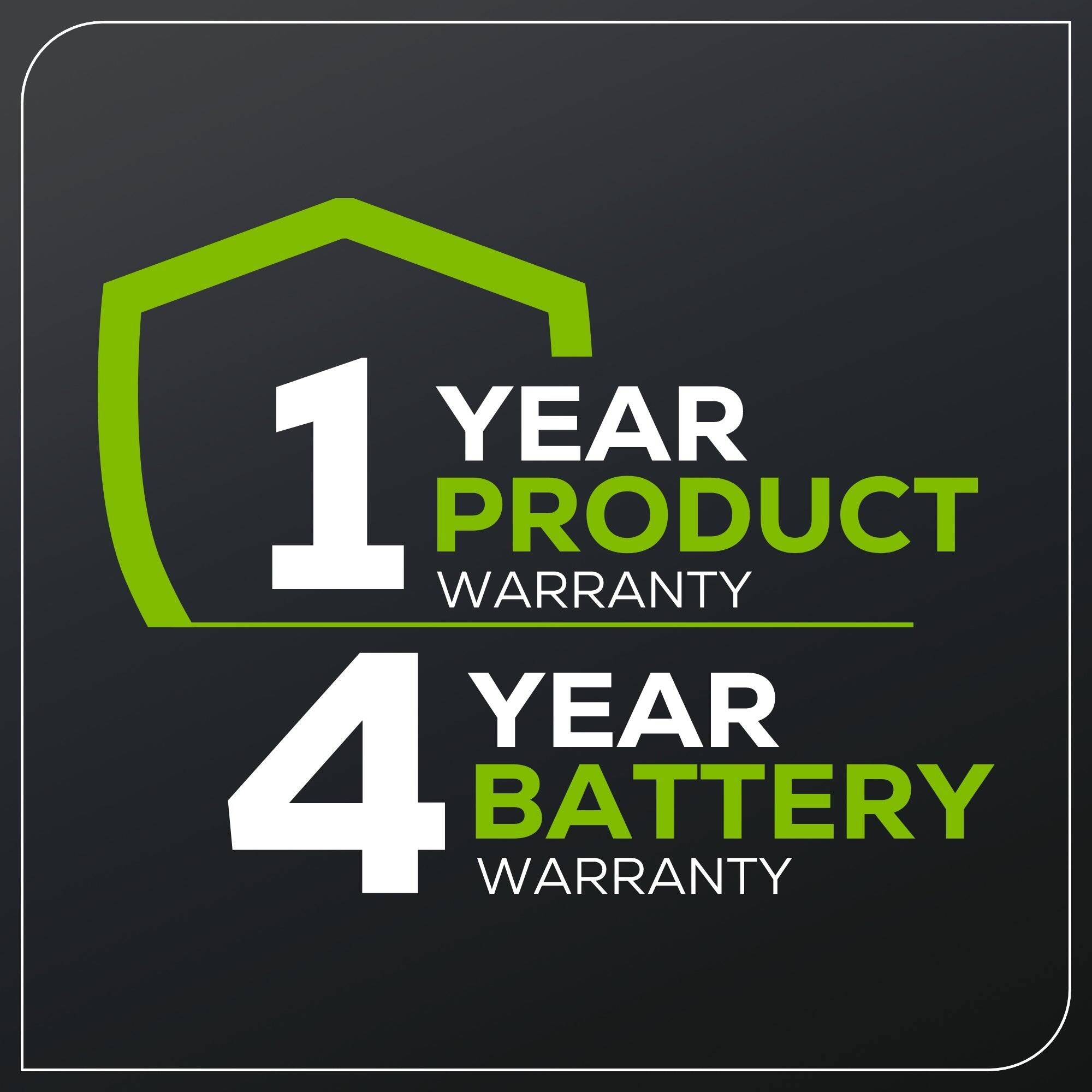 The text on the image reads: "1 YEAR WARRANTY PRODUCT 4 YEAR BATTERY WARRANTY."