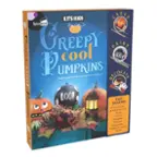 The text on the image is grouped and corrected as follows:

"KITS FOR KIDS CARVE Spice BOX FREE PUMPKINS creations! Make | BOO! 1 SET INCLUDES Carving tools In the dark Glow in the dark decals Paint templates LED light Book of tips, techniques, projects and fun."