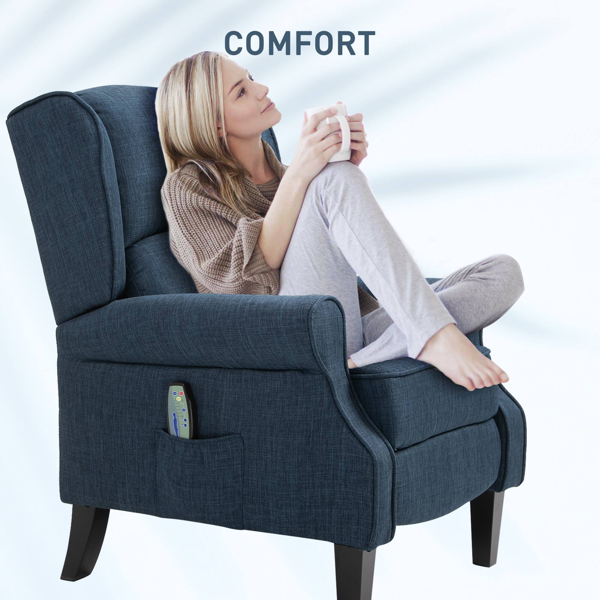 Alt View 6. Homcom - Vibration Massage Recliner Chair, Wingback Single Sofa, Modern Linen Fabric Push Back Reclining Chair - Blue.