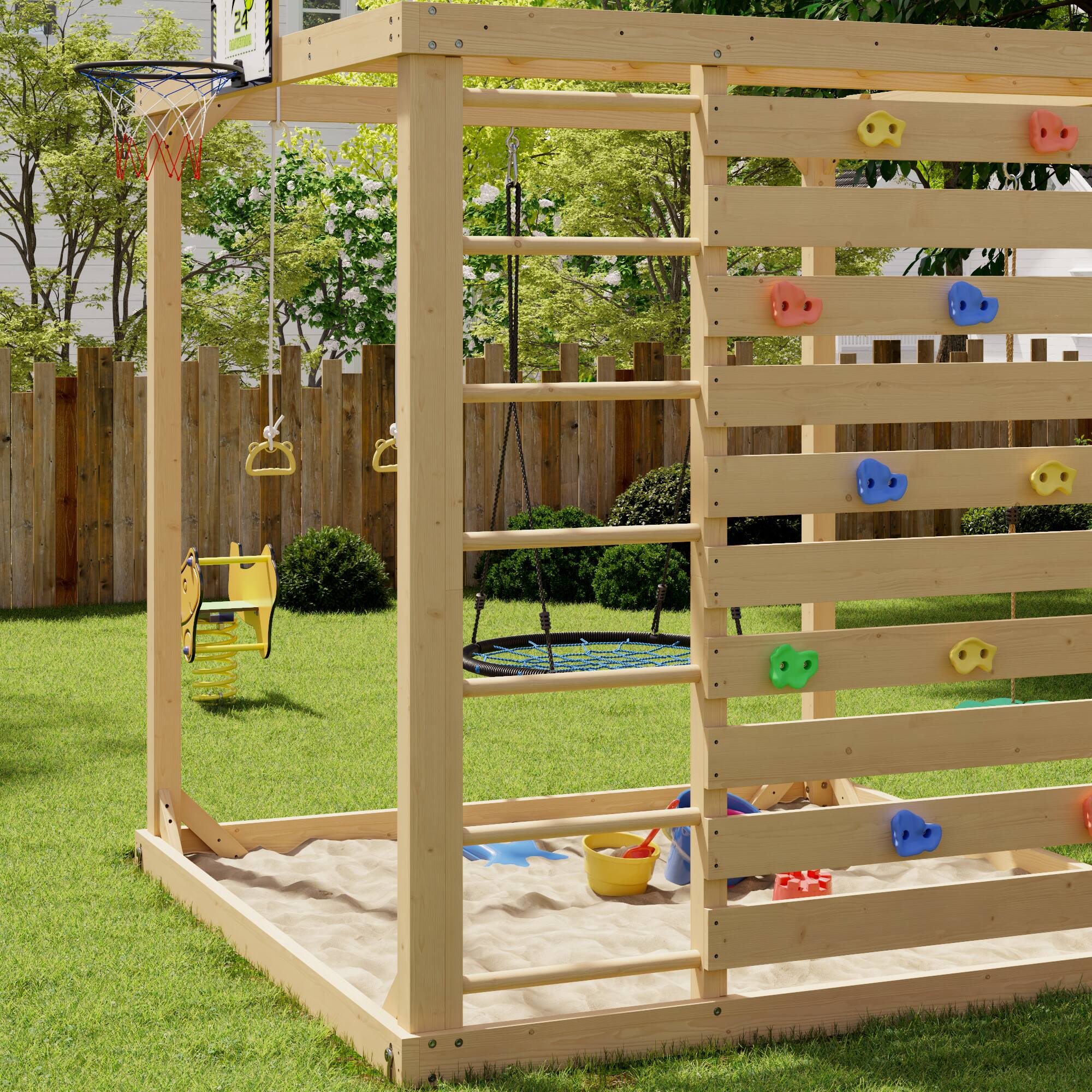Alt View 6. Famapy - 8-in-1 Wooden Outdoor Playset for Kids with Swings, Climbing Wall, Basketball Hoop and Sandbox - Wooden.