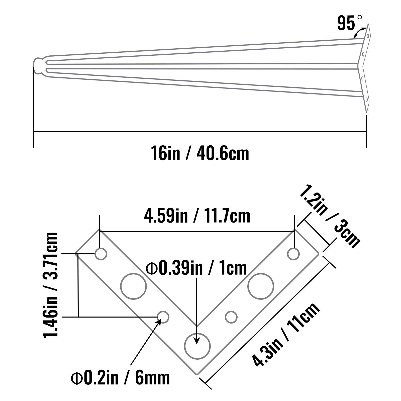 95, 16in / 40.6cm, 4.59in / 11.7cm, 1.2in / 3cm, 3.71cm, 0.39in / 1cm, 1.46in, 11cm, 4.3in, 0.2in / 6mm, 6mm