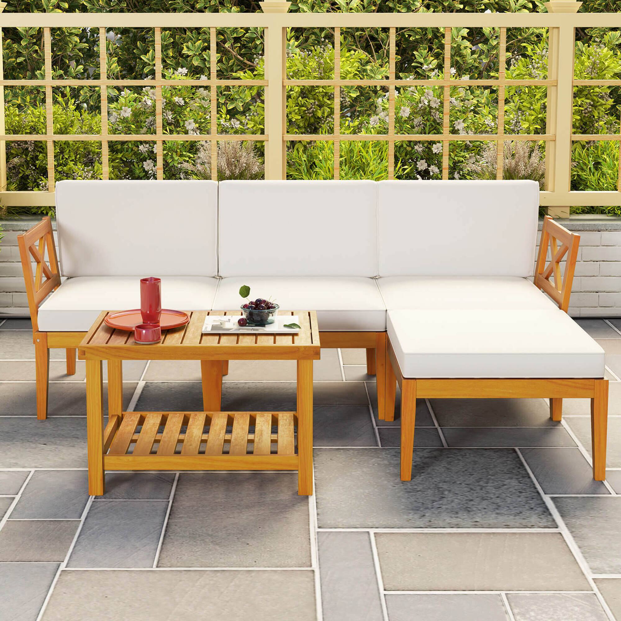 Alt View 3. Costway - 5 PCS Acacia Wood Patio Furniture Set with 2-Tier Coffee Table and Cushions - Off White,Natural.