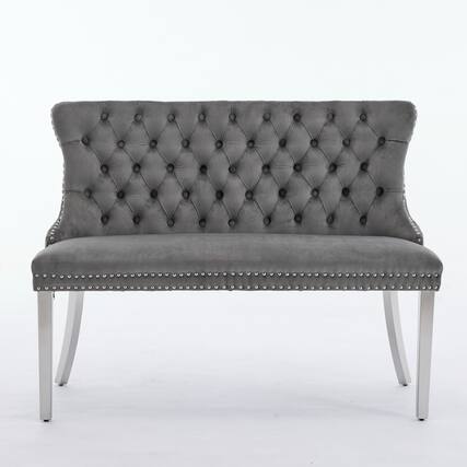 Front. GOODSILO - Velvet Double Dining Loveseat Bench with Tufted Back and Stainless Steel Legs for Modern Kitchen Seating - Gray.