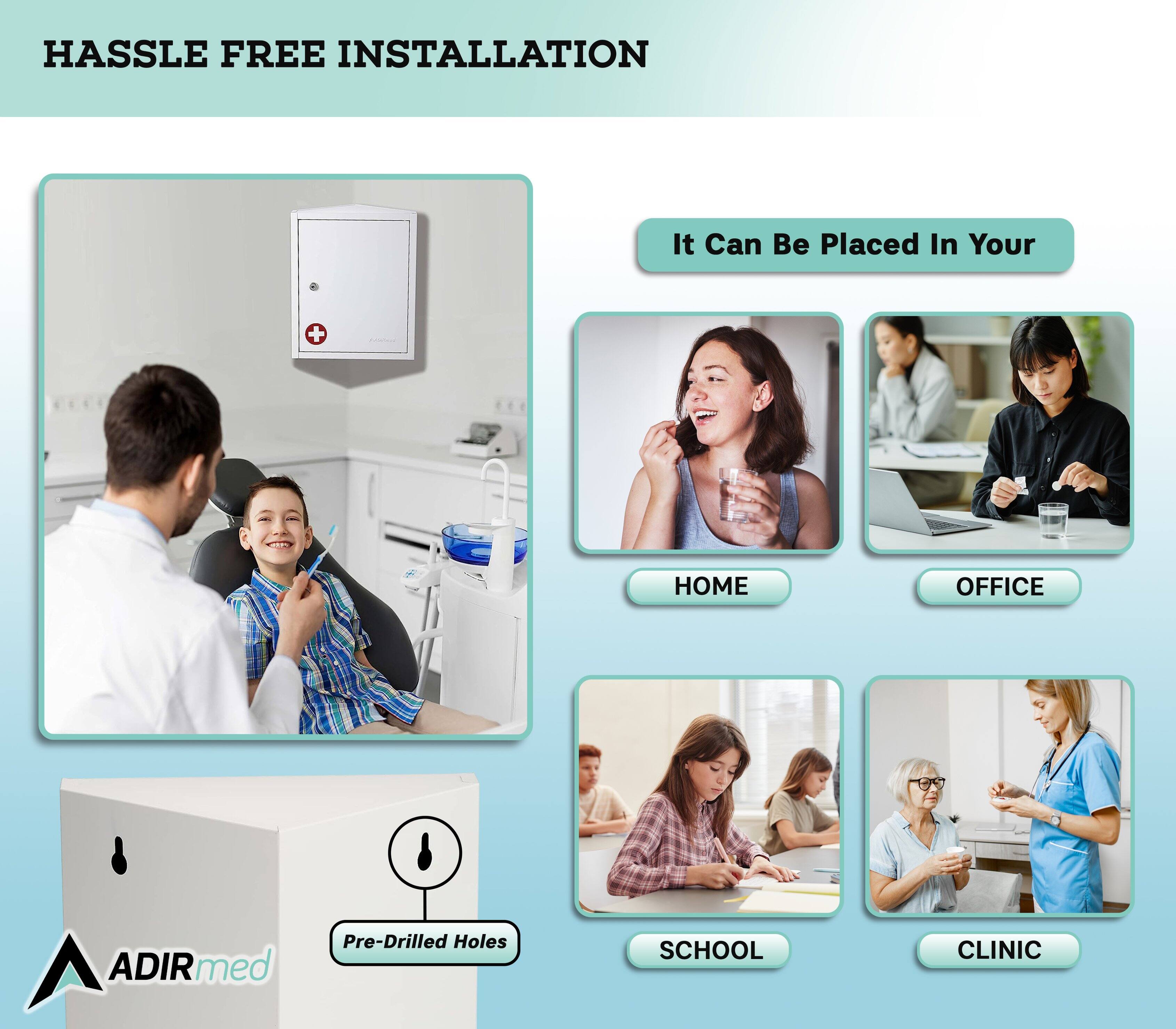 HASSLE FREE INSTALLATION
It Can Be Placed In Your HOME OFFICE SCHOOL CLINIC
Pre-Drilled Holes ADIRmed