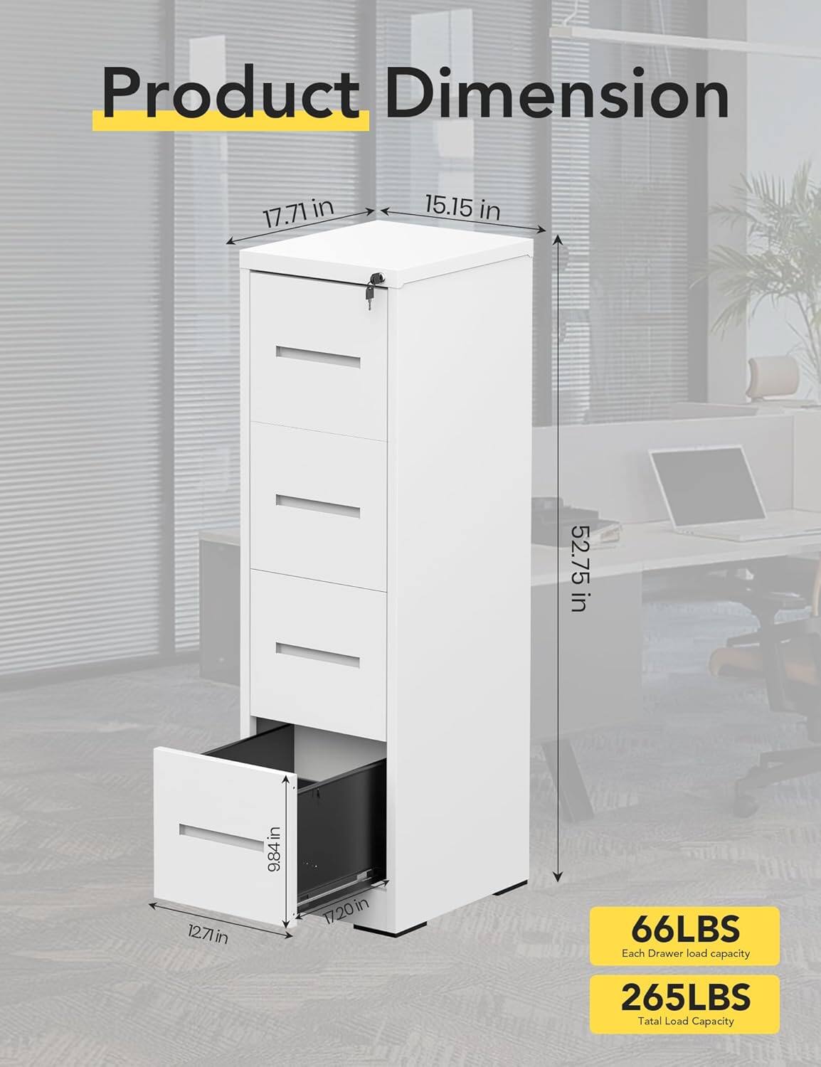 Product Dimension

17.71 in  
15.15 in  
52.75 in  
12.71 in  
9.84 in  
17.20 in  

66LBS  
Each Drawer load capacity  

265LBS  
Total Load Capacity