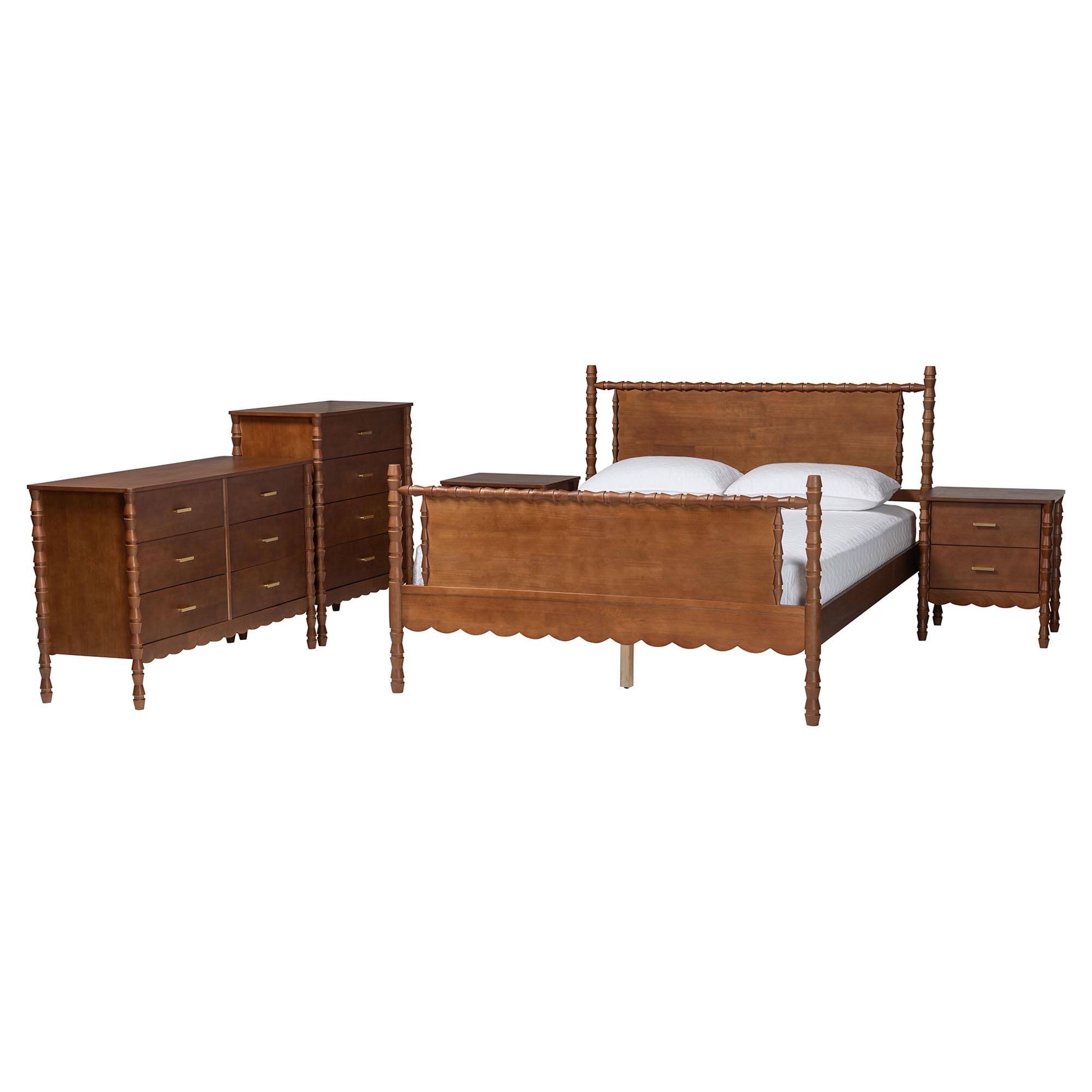 Front. Baxton Studio - Danette Bobbin Wood  5-Piece Bedroom Set, Queen - Walnut Brown.