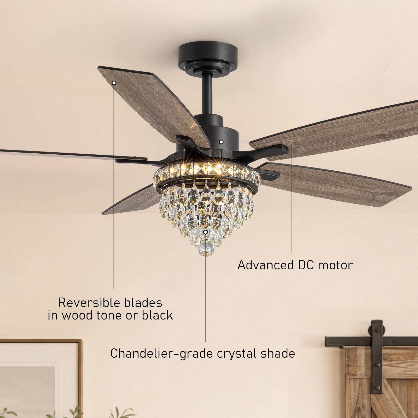 Advanced DC motor  
Reversible blades in wood tone or black  
Chandelier-grade crystal shade