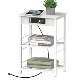 Oumilen - 2-Tier Mesh Side Table with Charging Station, Industrial End Table with Adjustable Foot Pads - White