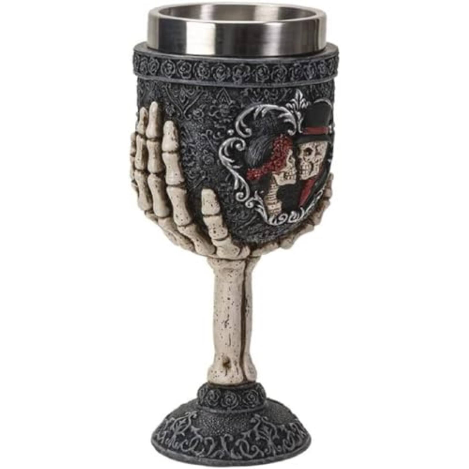 Left. Pacific Trading - Skeleton Couple Wine Goblet Chalice Cup Resin Body Stainless Steel Cup 7 ounce - Multicolor.