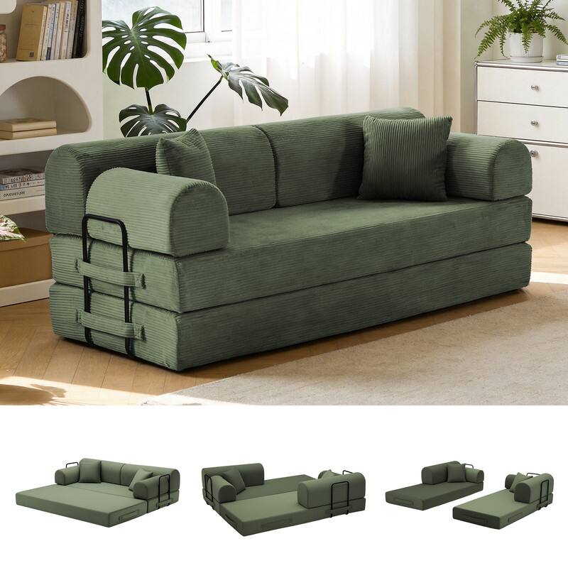 Front. ATOPSUN - Corduroy Convertible Sleeper Sofa Bed, Floor Couch w/ Fixed‑Shape Frame for Living Room & Bedroom,Grayish Green - Grayish Green.