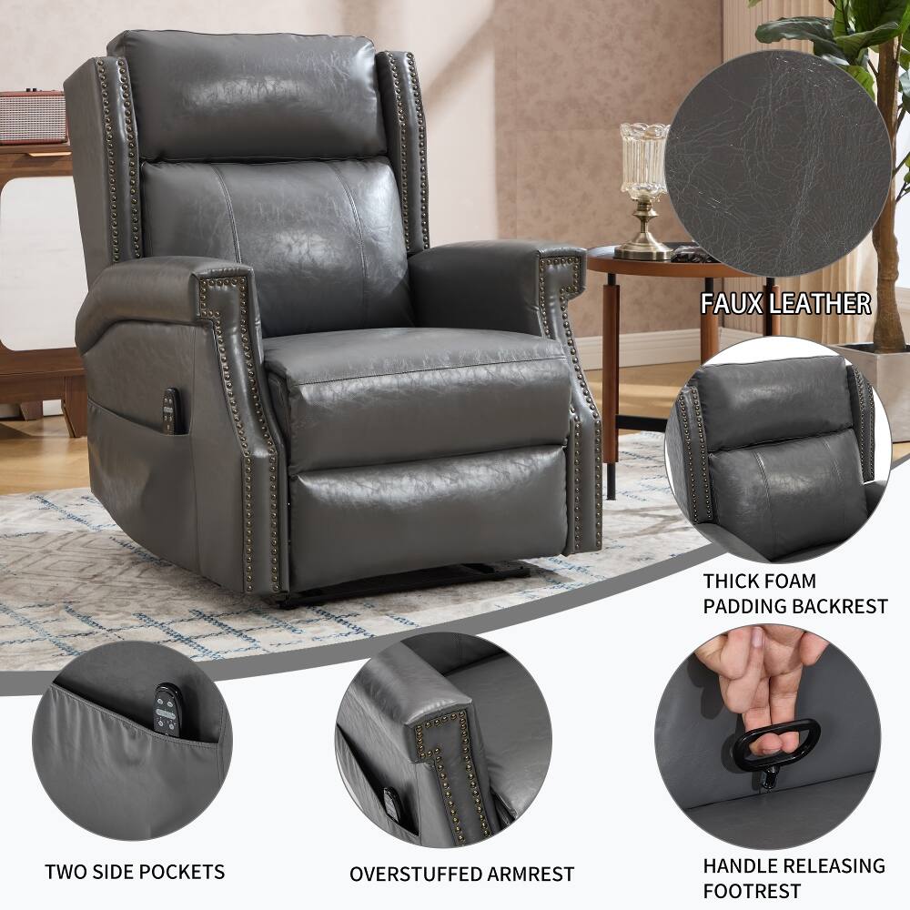 FAUX LEATHER  
THICK FOAM PADDING BACKREST  
TWO SIDE POCKETS  
OVERSTUFFED ARMREST  
HANDLE RELEASING FOOTREST