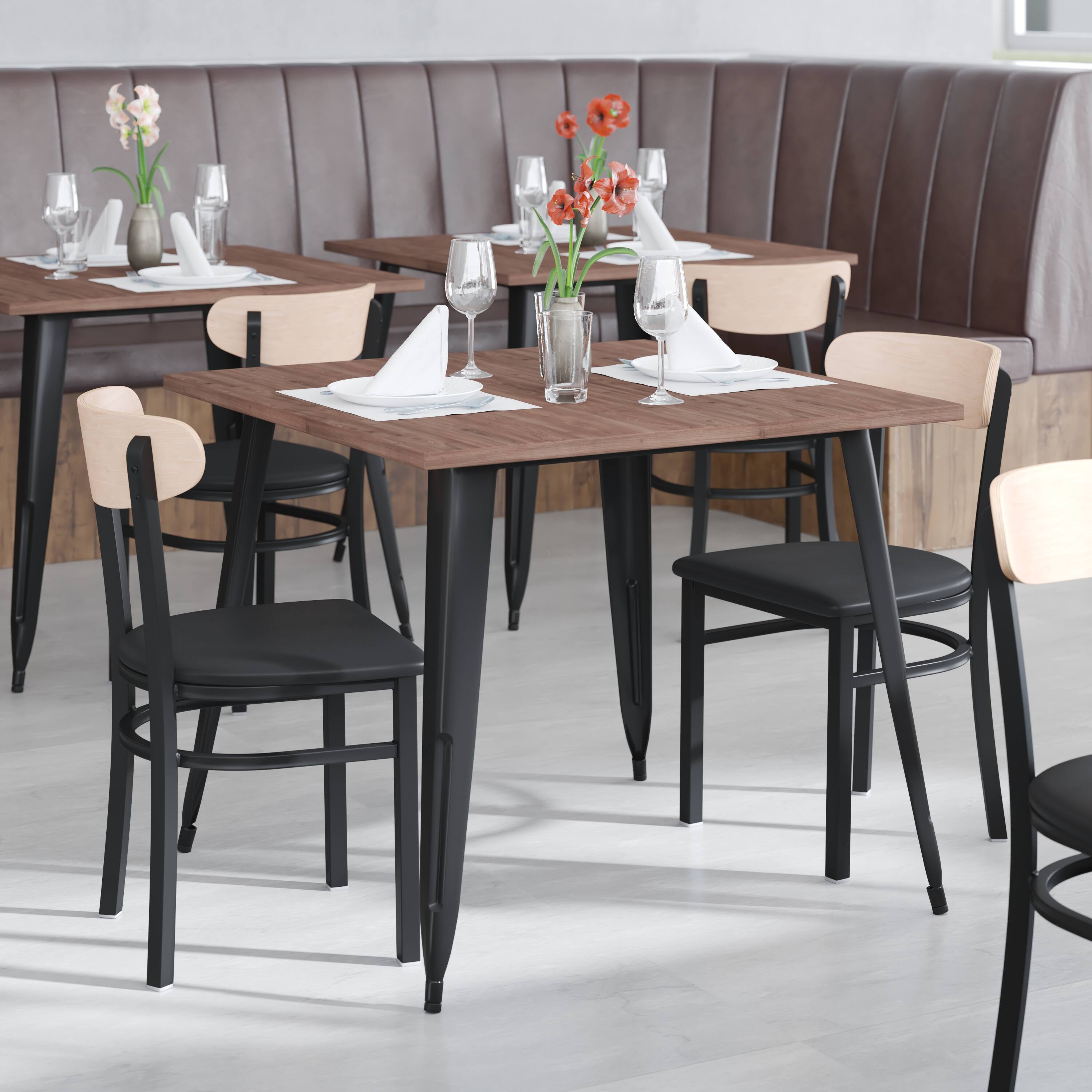 Alt View 3. Emma + Oliver - Yara Industrial Dining Chair with Rolled Steel Frame and Solid Wood Seat - 500 lbs. Static Weight Capacity - Natural Birch Wood Back/Black Vinyl Seat.