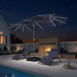 PURPLE LEAF - 13 ft. Patio Market Umbrella with Solar LED and Base Double-Sided Outdoor Table Sun Umbrellas for Pool Deck Backyard - Navy Blue