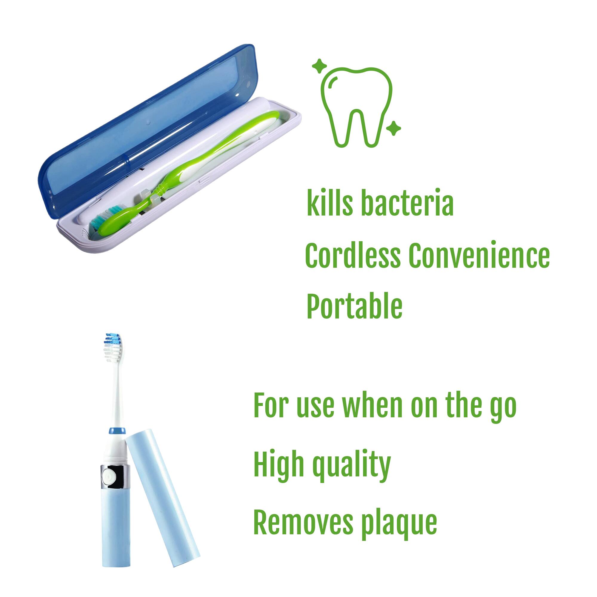 - Kills bacteria
- Cordless Convenience
- Portable
- For use when on the go
- High quality
- Removes plaque