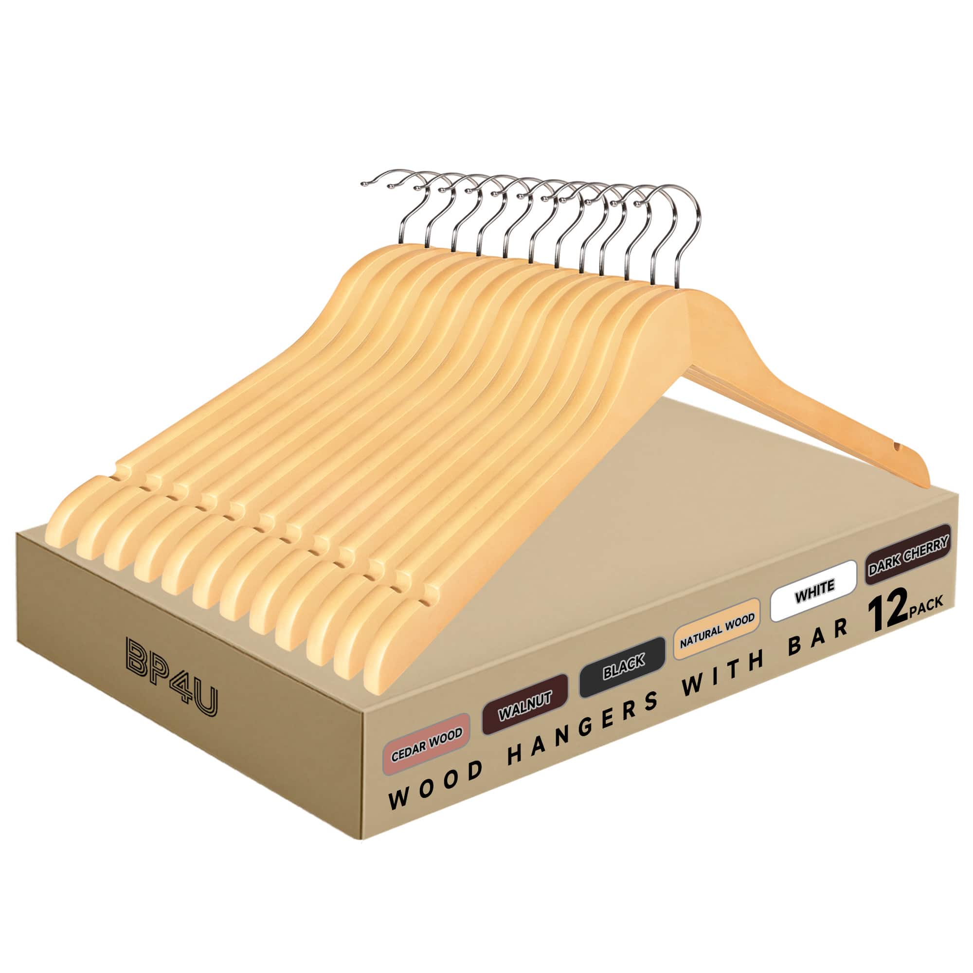 BP4U - 12-Pack Premium Wooden Clothes Hangers, Solid Wood Coat Shirt Top Hangers for Jackets, Shirts, Dresses - Natural Wood price history on PriceWatchPro