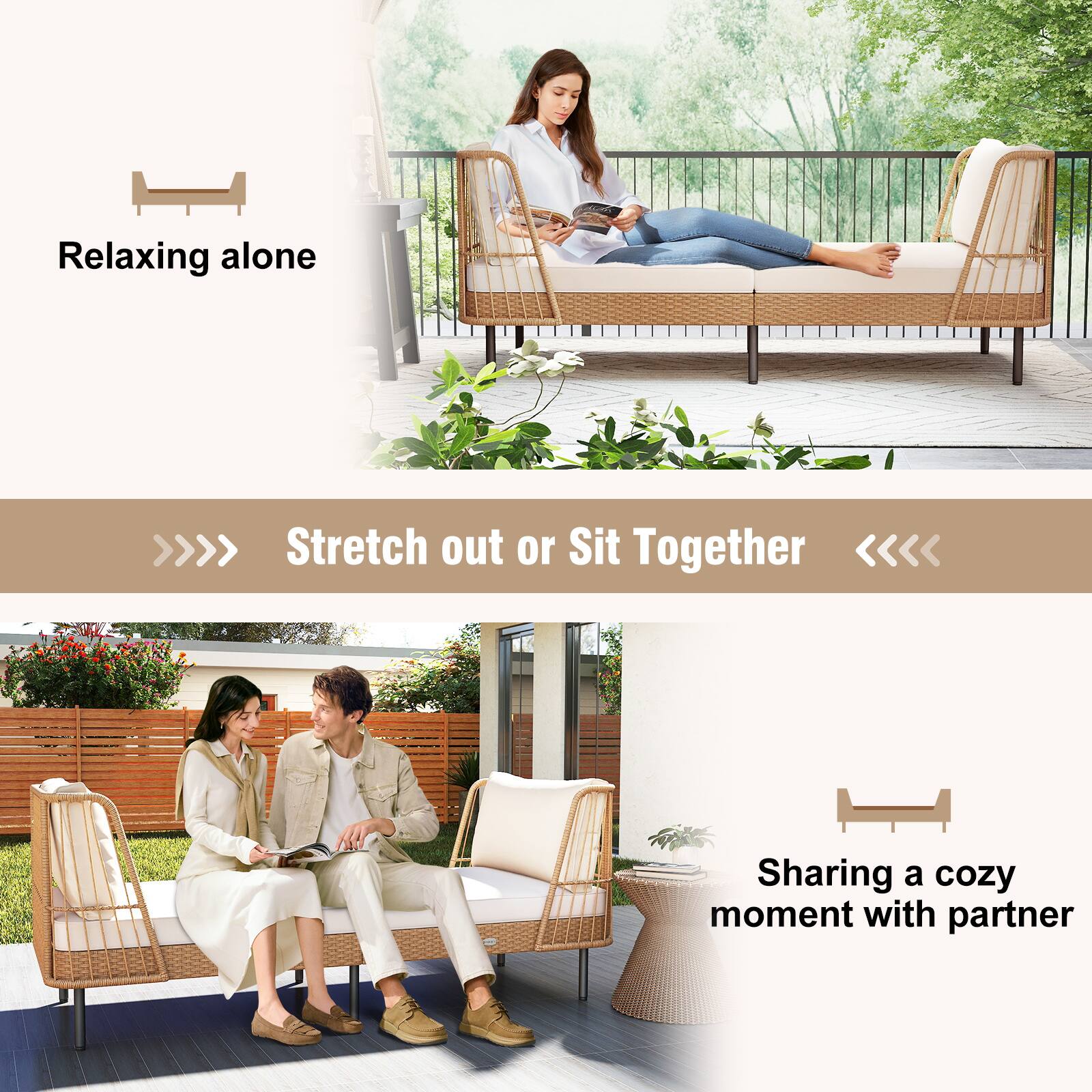Relaxing alone

Stretch out or Sit Together

Sharing a cozy moment with partner
