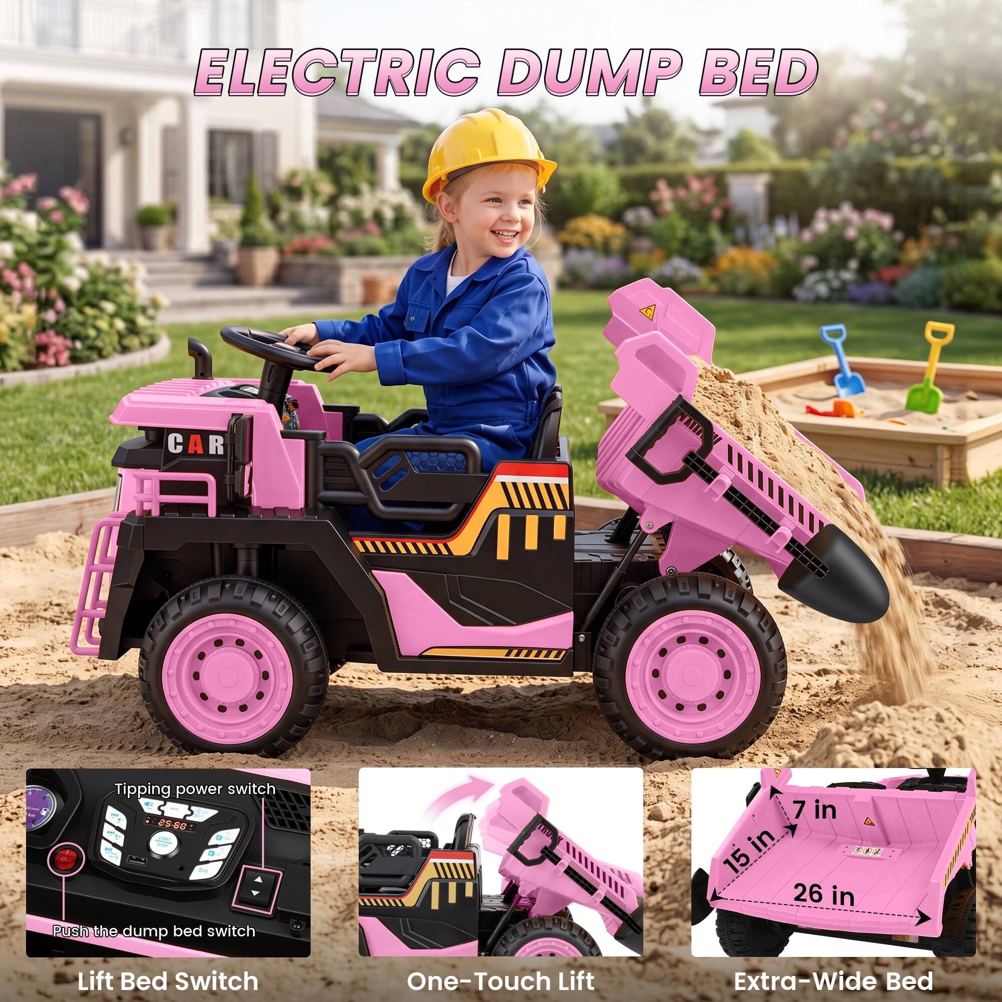 ELECTRIC DUMP BED CAR

Tipping power switch 29-88
Push the dump bed switch

Lift Bed Switch
One-Touch Lift
Extra-Wide Bed

7 in
15 in
26 in