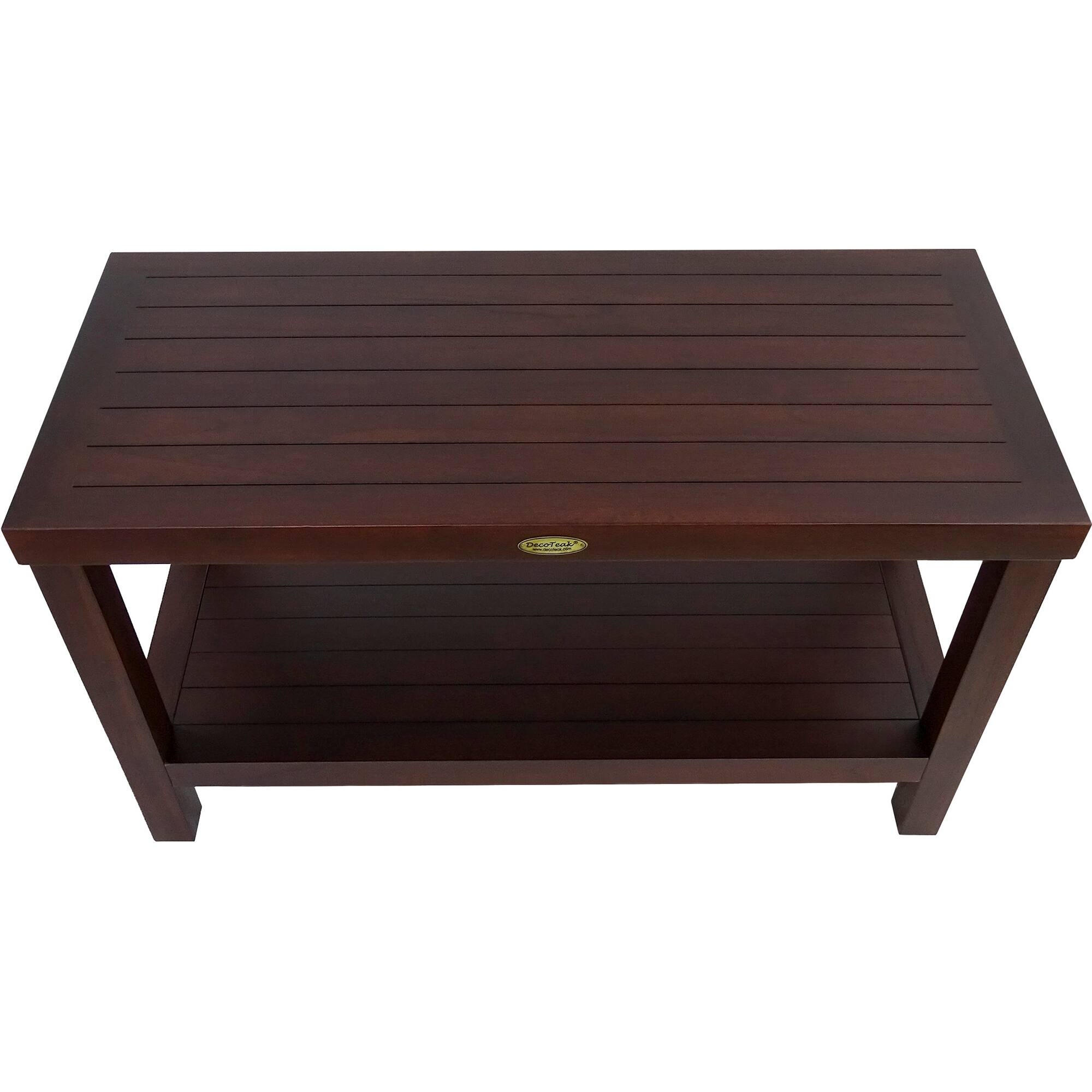 Angle. DecoTeak - DecoTeak Eleganto 30" Teak Wood Shower Bench with Shelf in Woodland Brown Finish - Woodland Brown.