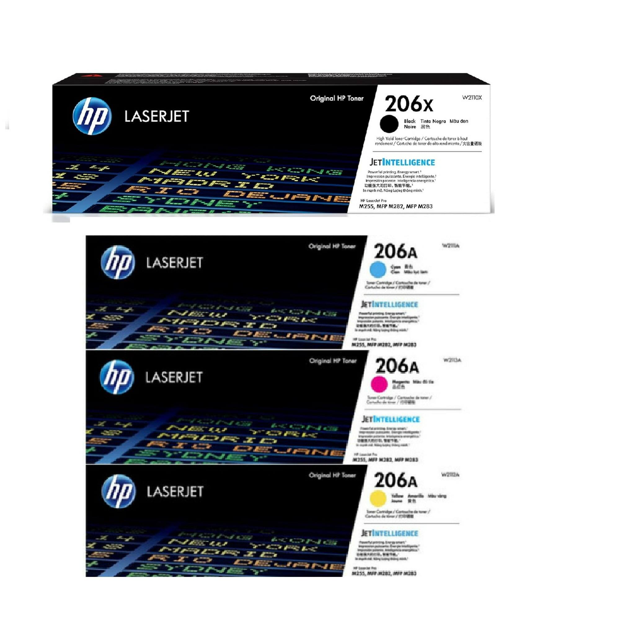 hp LASERJET Original HP Toner 206x  
hp LASERJET Original HP Toner 206A  
hp LASERJET Original HP Toner 206A  
hp LASERJET Original HP Toner 206A  

JetIntelligence  
JetIntelligence  
JetIntelligence  
JetIntelligence  

M255, MFP M287, MFP M283  
M255, MFP M287, MFP M283  
M255, MFP M287, MFP M283  
M255, MFP M287, MFP M283  

W2110X  
W2110A  
W2110A  
W2110A  

Black  
Cyan  
Magenta  
Yellow  

Original HP Toner  
Original HP Toner  
Original HP Toner  
Original HP Toner  

JetIntelligence  
JetIntelligence  
JetIntelligence  
JetIntelligence  

M255, MFP M287, MFP M283  
M255, MFP M287