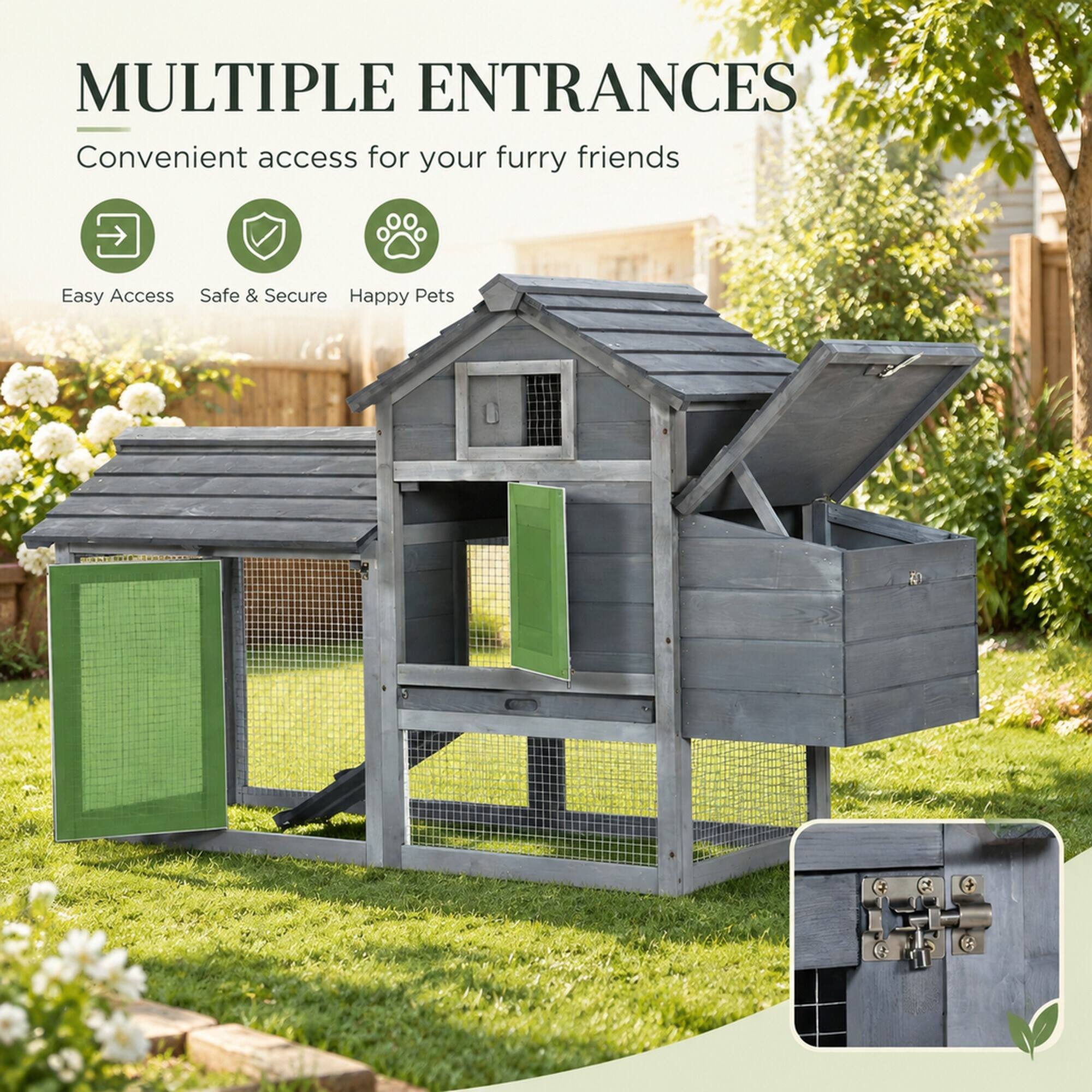 MULTIPLE ENTRANCES  
Convenient access for your furry friends  

Easy Access  
Safe & Secure  
Happy Pets