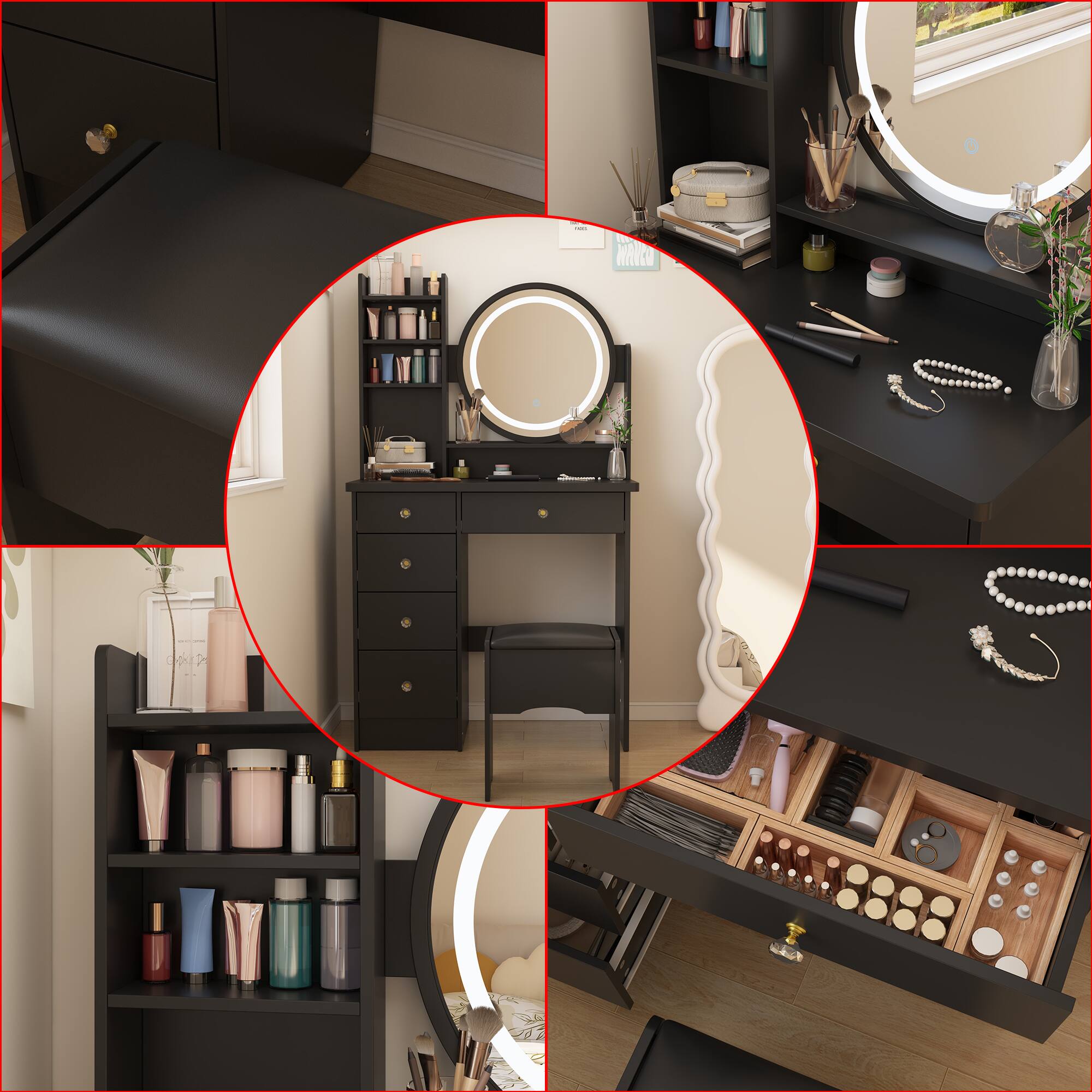 Alt View 2. Famapy - Multi-Color LED Vanity Table Set Ultimate Makeup Solution with Smart Storage Dressers - Black.