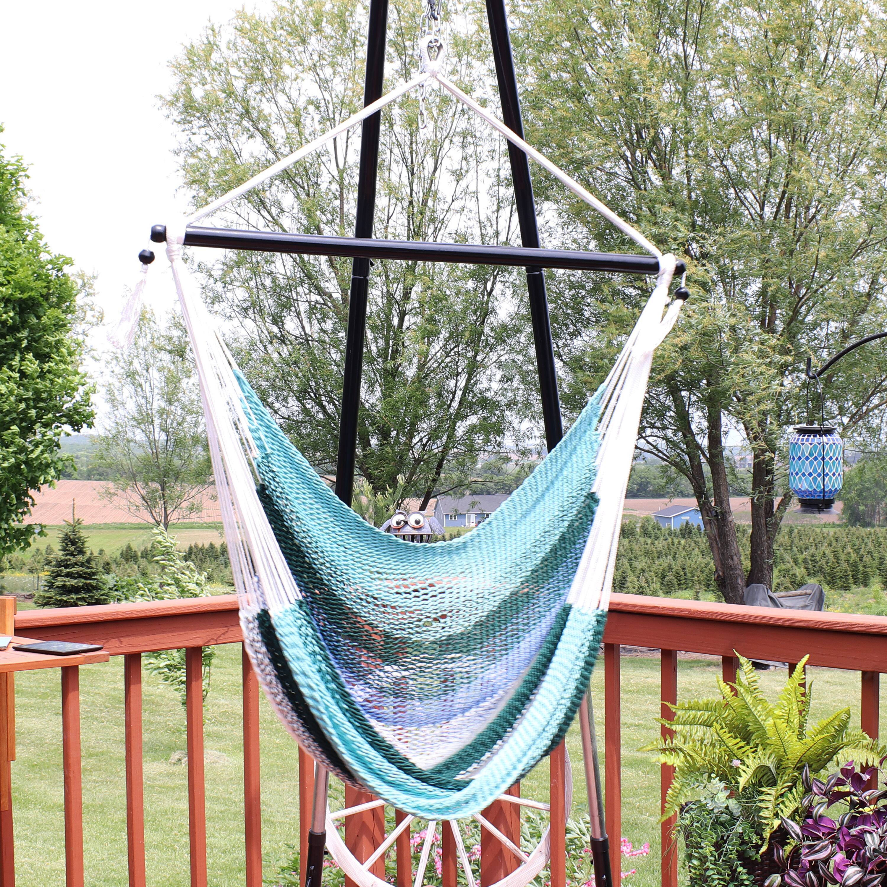 Alt View 3. Sunnydaze - Polyester Rope Hammock Chair with Cushions - Lagoon Stripes.
