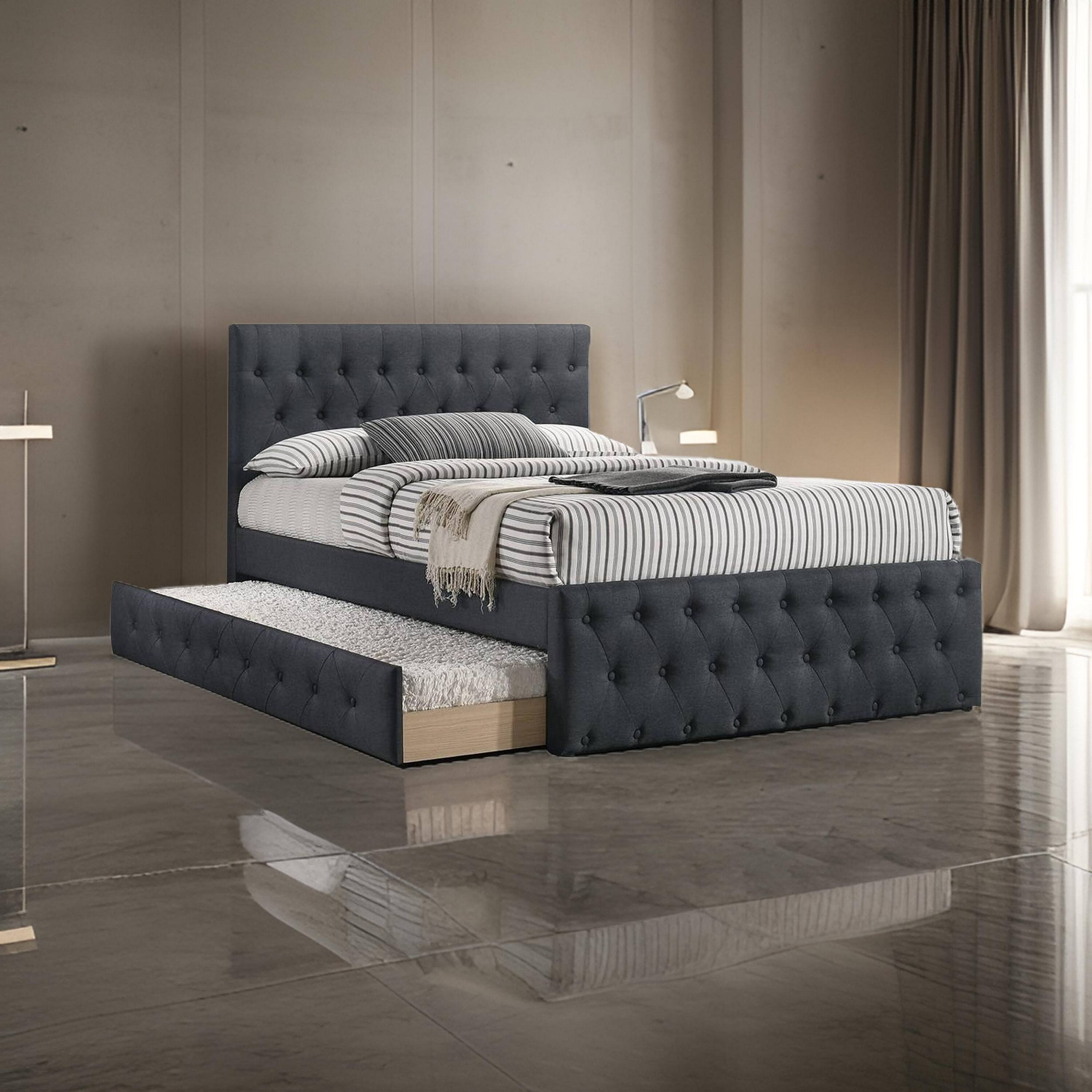 Alt View 5. Manhattan Lane - Nek Wood Twin Size Upholstered Bed with Trundle, Tufted Charcoal Burlap - Charcoal Gray.