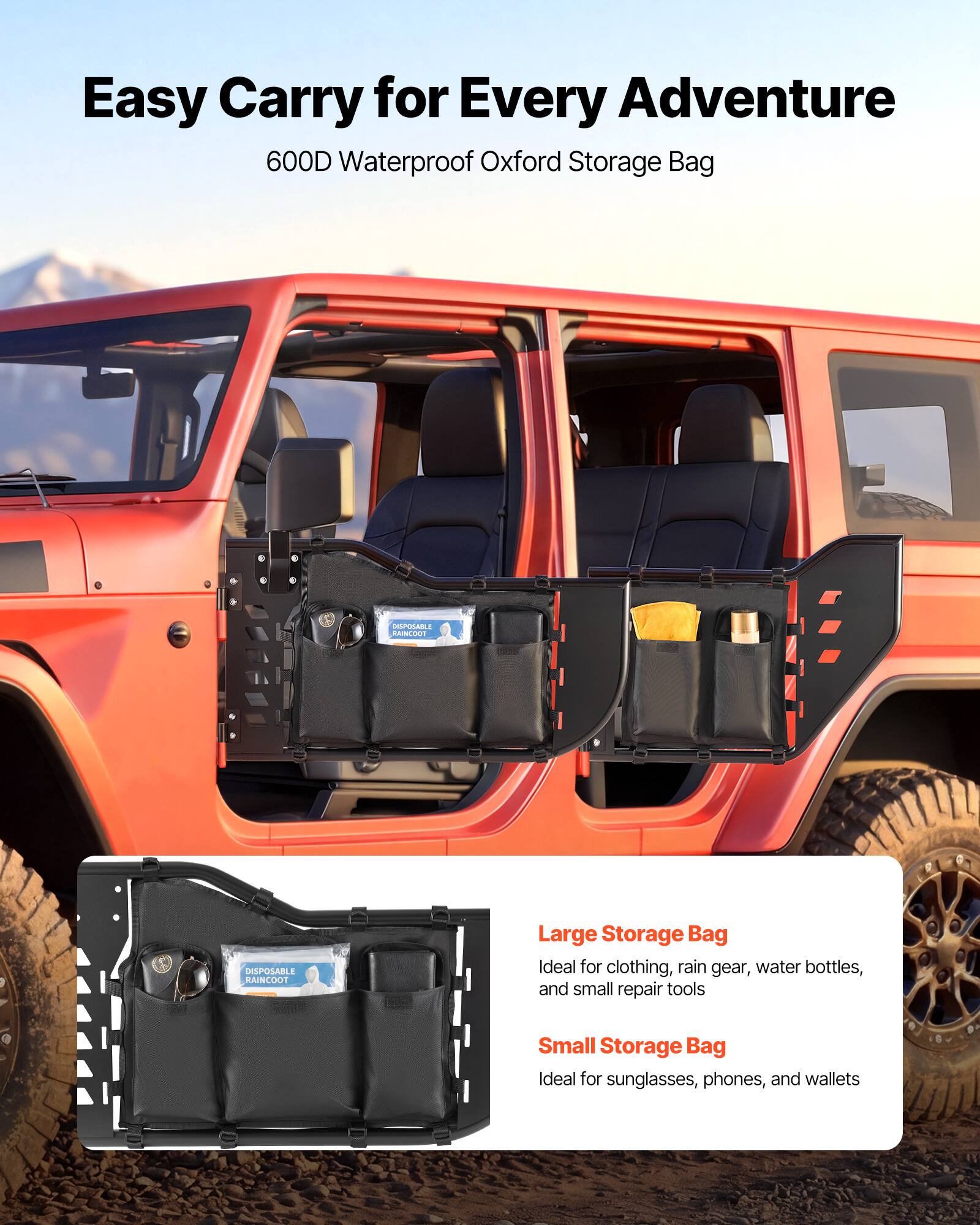 Easy Carry for Every Adventure  
600D Waterproof Oxford Storage Bag  

Large Storage Bag  
Ideal for clothing, rain gear, water bottles, and small repair tools  

Small Storage Bag  
Ideal for sunglasses, phones, and wallets