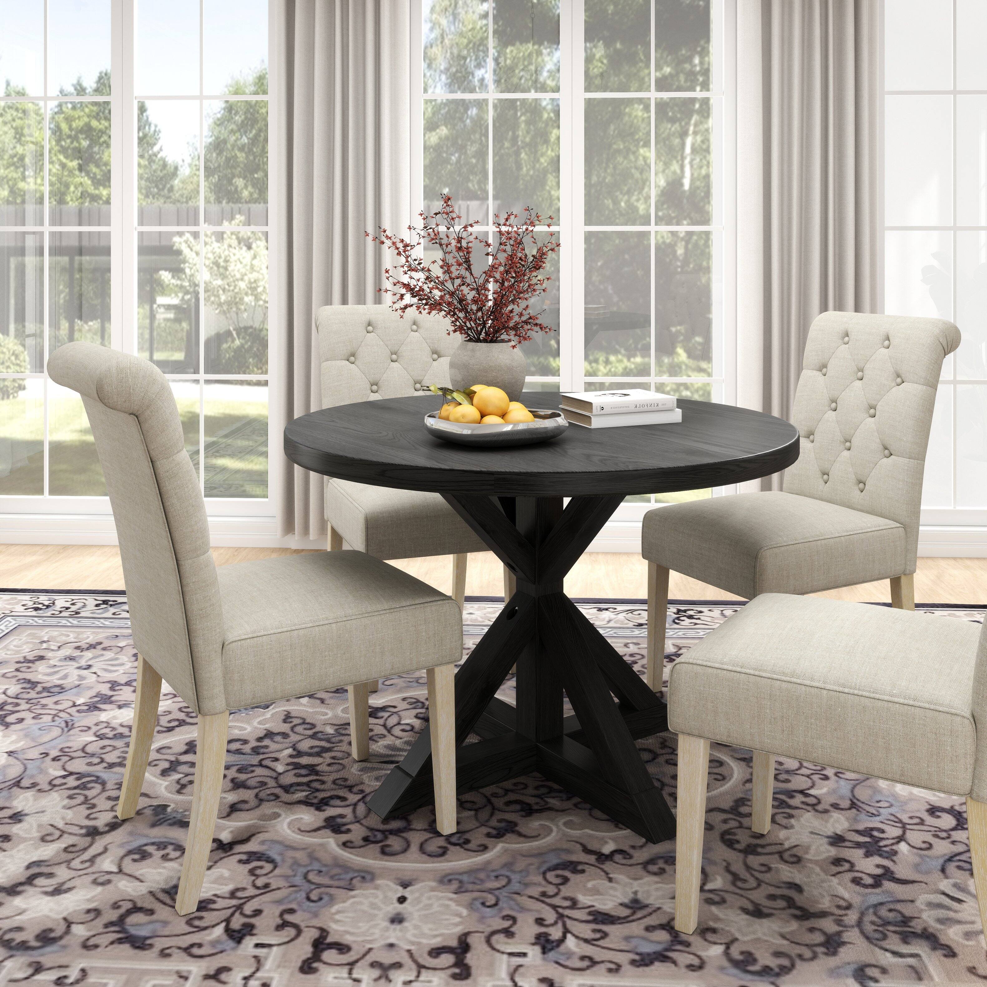 Back. TinyHomie - 5-piece Dining Set Cross-Buck Round Table with 4 Tufted Chairs TAN - Black and Tan.