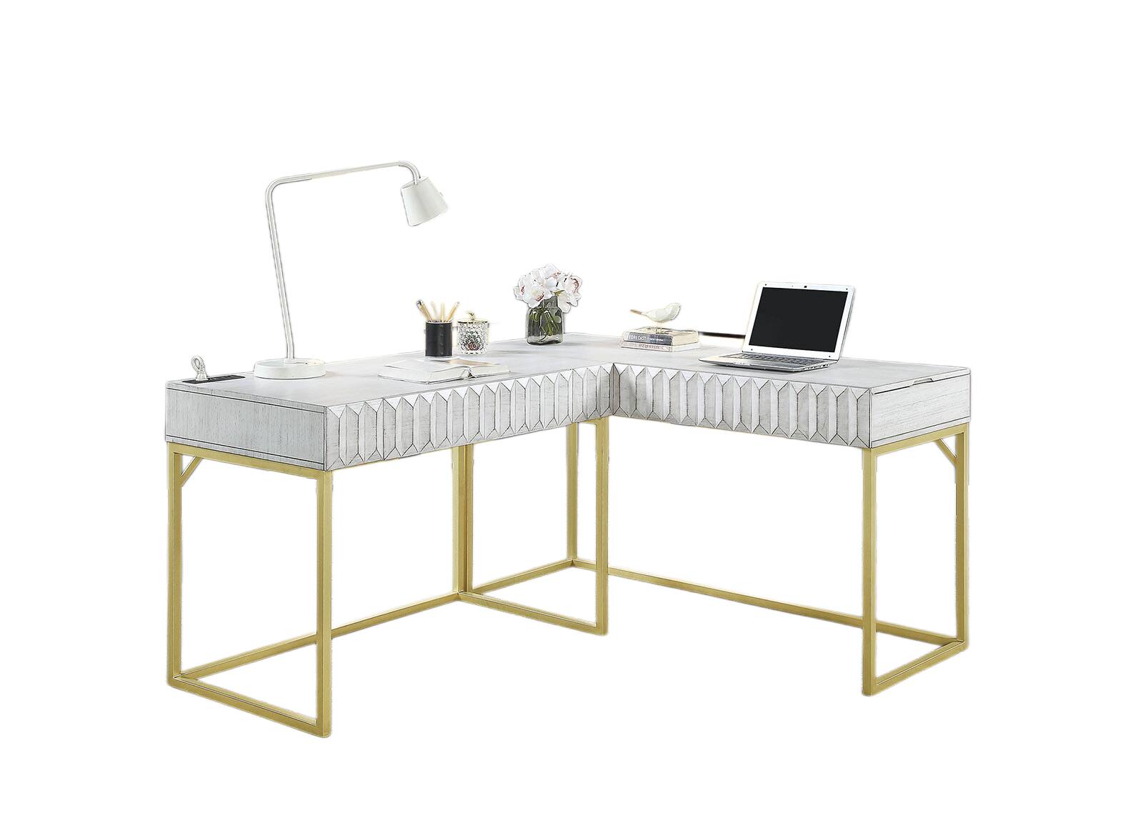 Left. APRILSOUL - Transitional Two-tone Computer Desk Antique White USB Port Lift Top Design And Concealed Drawer - Antique White.