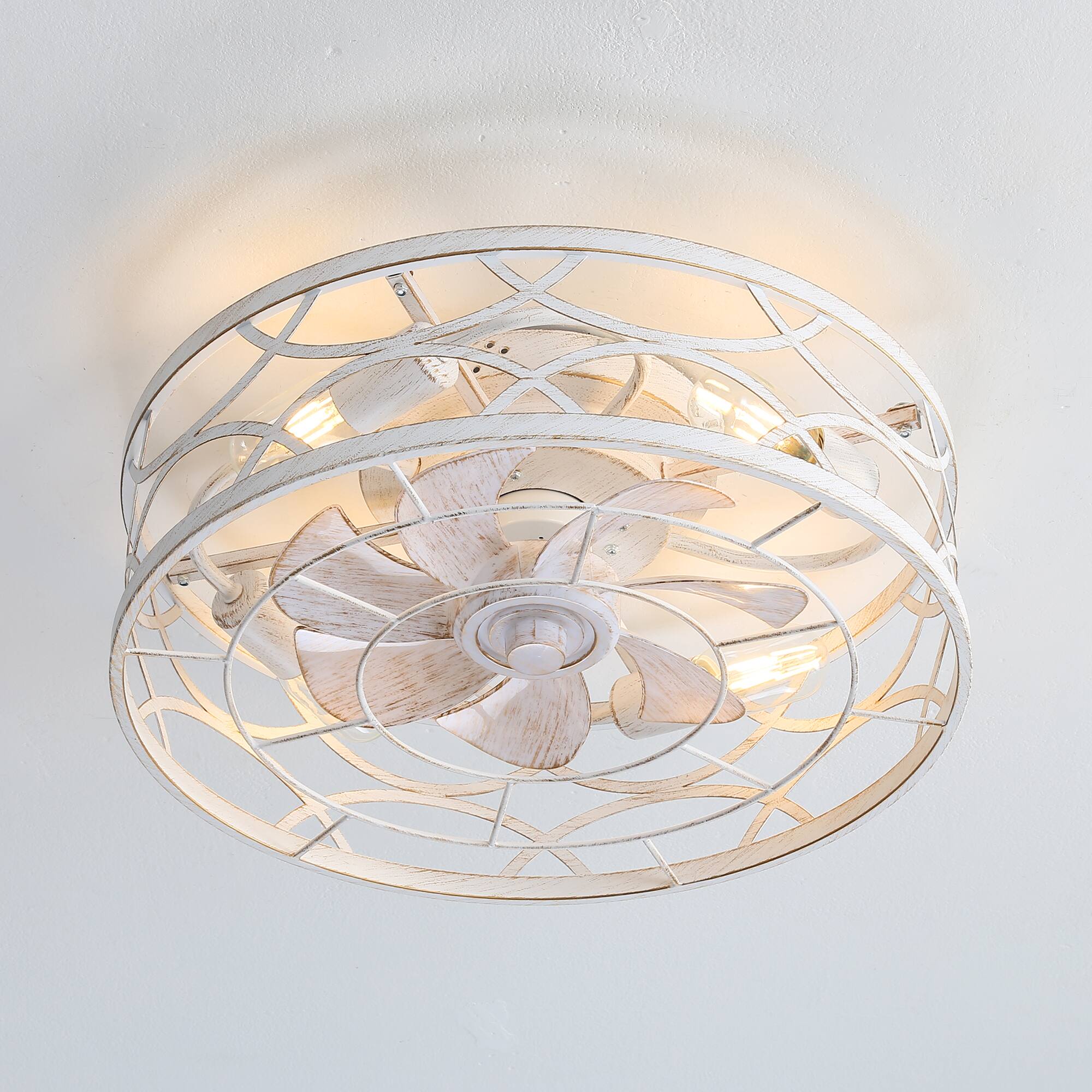 Back. Breezary - 18-Inch Flush Mount Caged Ceiling Fan with 7 ABS Blades, DC Motor, 6-Speed Remote Control, Memory Function - Distressed White and Gold.