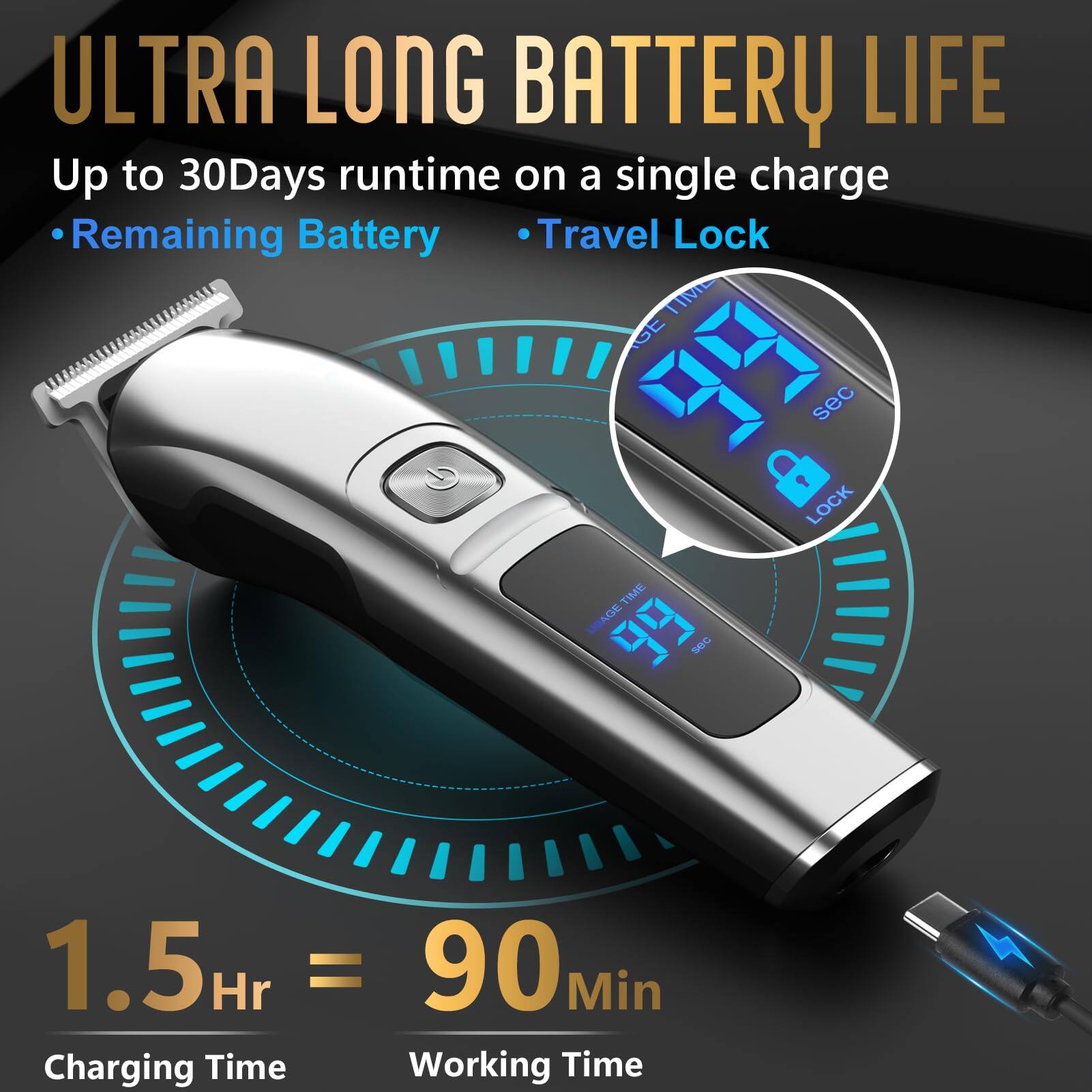 ULTRA LONG BATTERY LIFE  
Up to 30Days runtime on a single charge  
Remaining Battery  
Travel Lock  

TIME  
GE sec  
G P LOCK TIME  

UIAGE AGE 99 SC  

1.5Hr = 90M  
Min  
Charging Time  
Working Time
