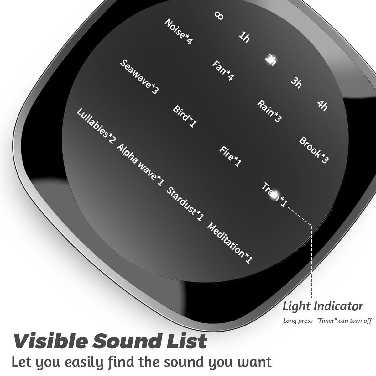 Visible Sound List  
Let you easily find the sound you want

- Noise*4
- Seawave*3
- Lullabies*2
- Alpha wave*1
- Bird*1
- Fire*1
- Stardust*1
- Rain*3
- Brook*3
- Train*1
- Meditation*1

1h
2h
3h
4h

Light Indicator  
Long press "Timer" can turn off