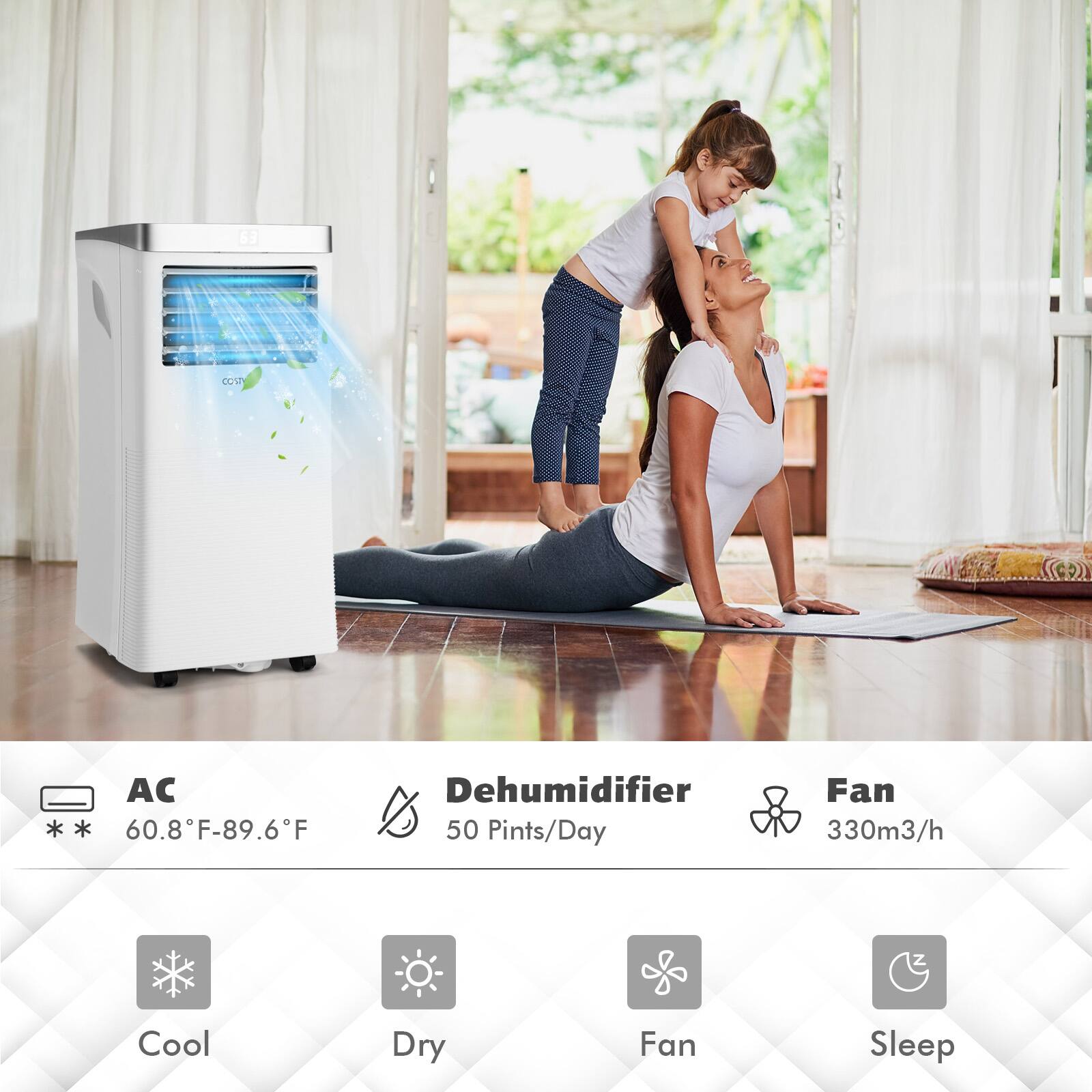 COST

AC 60.8°F-89.6°F
Dehumidifier 50 Pints/Day
Fan 330m³/h

Cool
Dry
Fan
Sleep