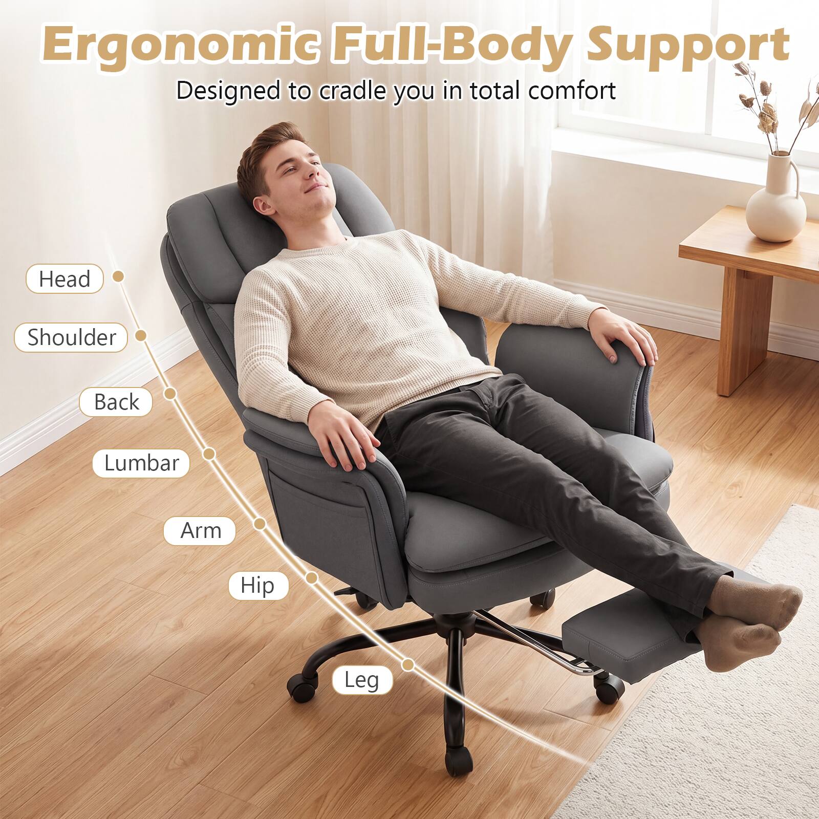 Ergonomic Full-Body Support  
Designed to cradle you in total comfort  
Head  
Shoulder  
Back  
Lumbar  
Arm  
Hip  
Leg