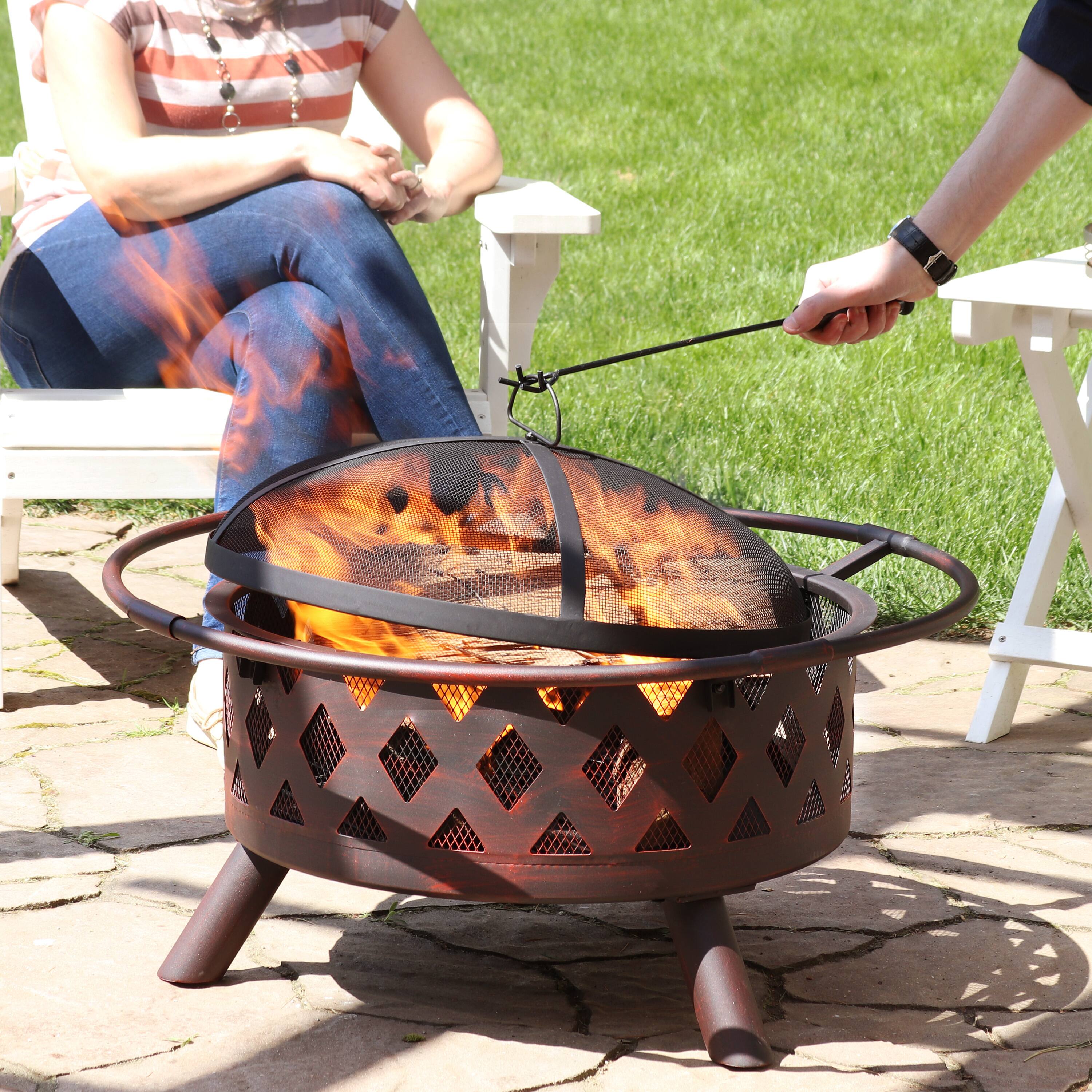 Alt View 9. Sunnydaze - 30 in Crossweave Steel Fire Pit with Screen and Poker - Bronze.