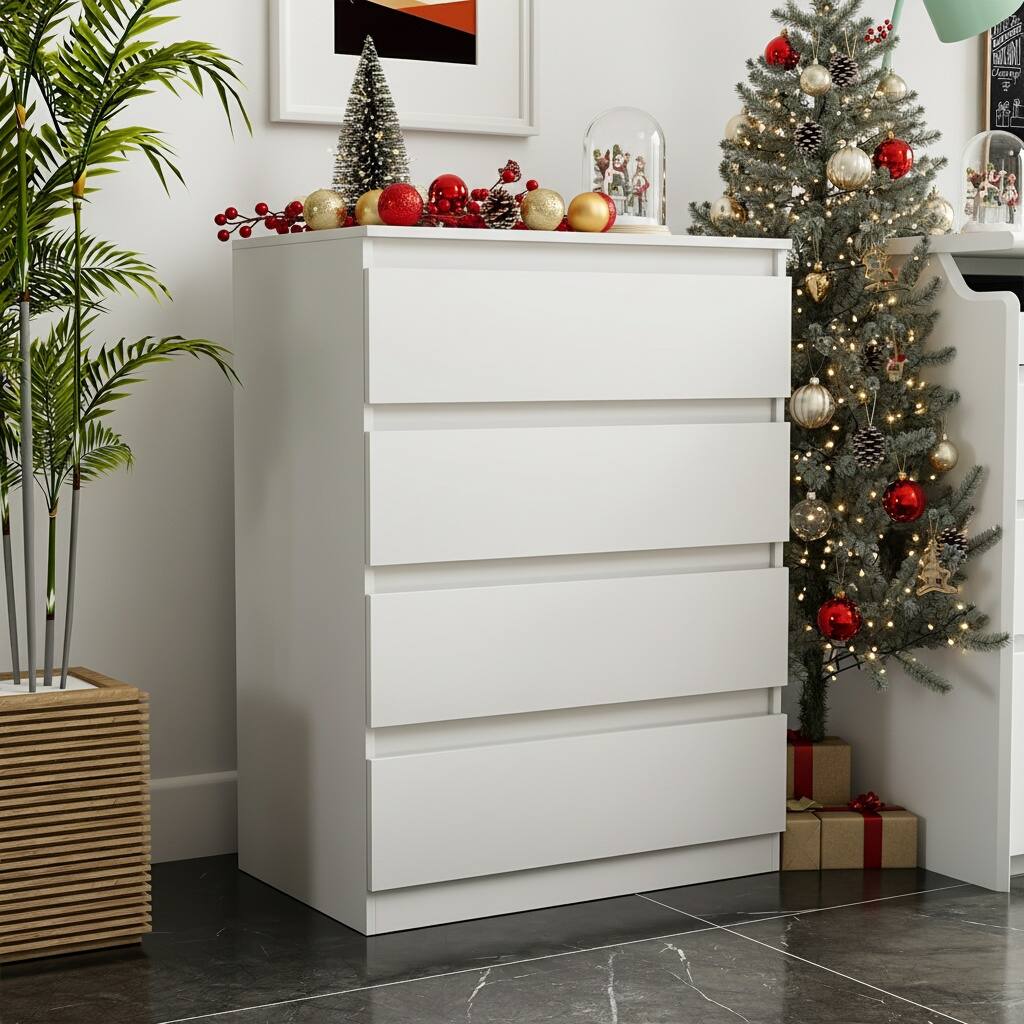 Alt View 9. Kadyn - Bedside Nightstand, Sleek White Design, Ample Storage, Waterproof Top, Smooth Rolling Drawers - White 4-Drawer.