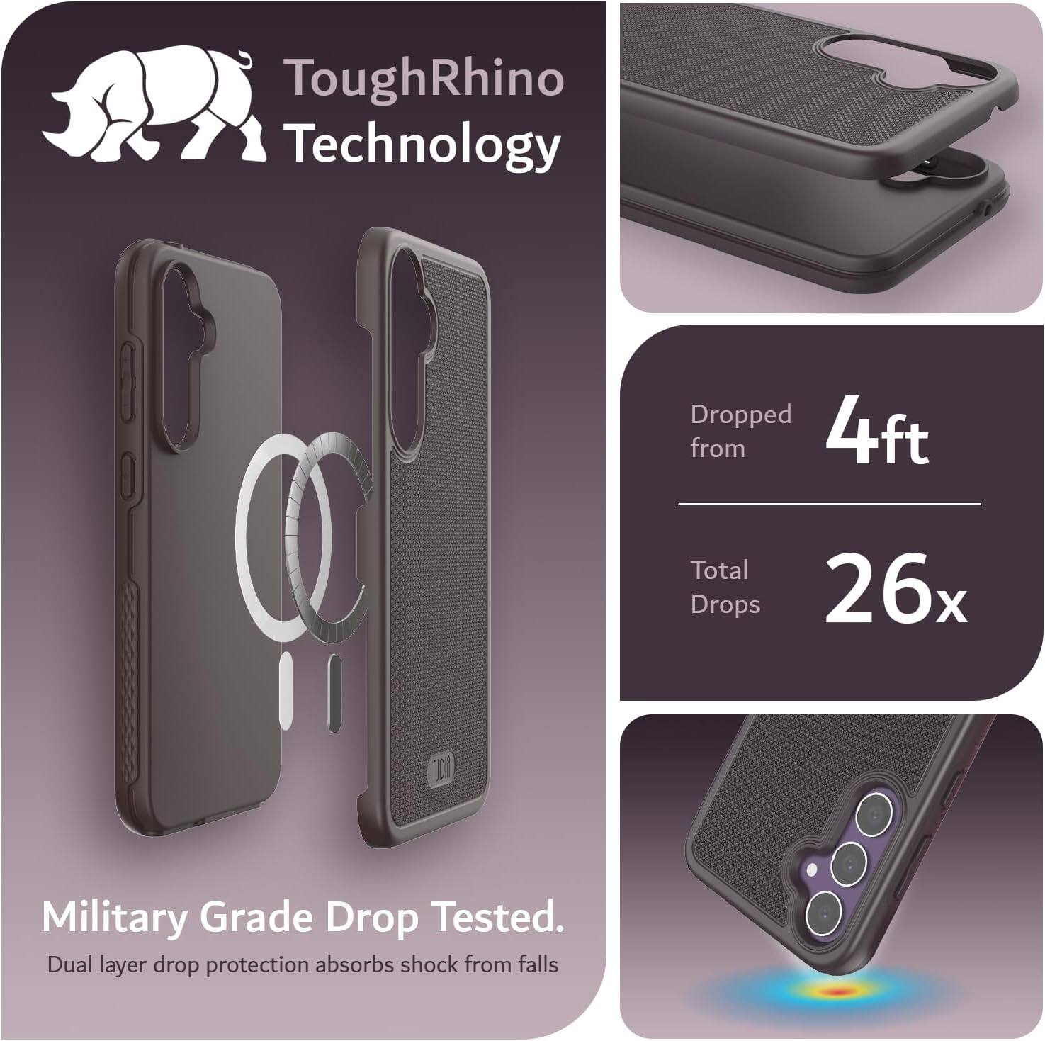 ToughRhino Technology

Dropped from 4ft  
Total Drops 26x

Military Grade Drop Tested.  
Dual layer drop protection absorbs shock from falls