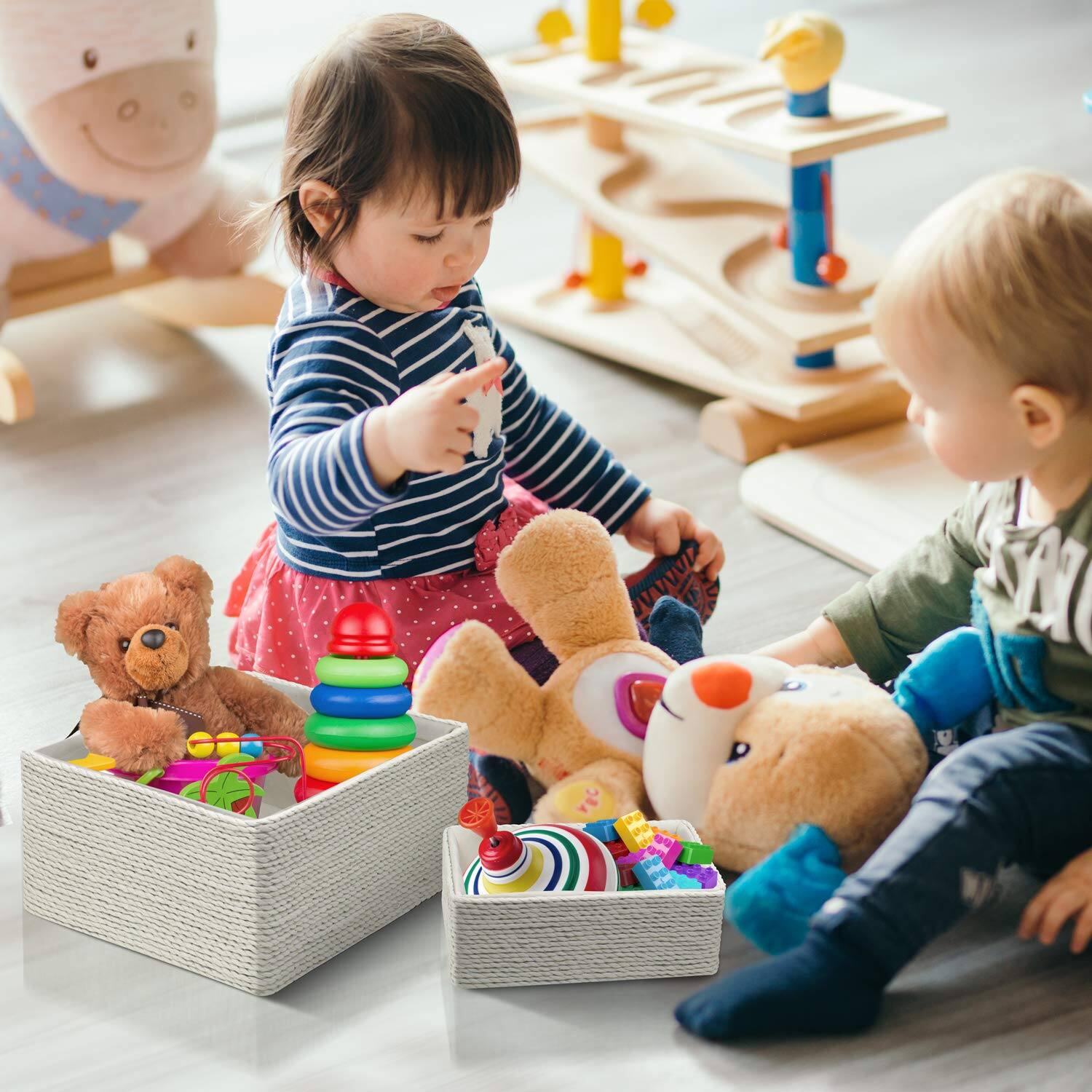 Angle. Sorbus - Sorbus Storage Baskets 4-Piece Set - Stackable Woven Basket Paper Rope Bin Boxes for Makeup, Office Supplies - Beige.