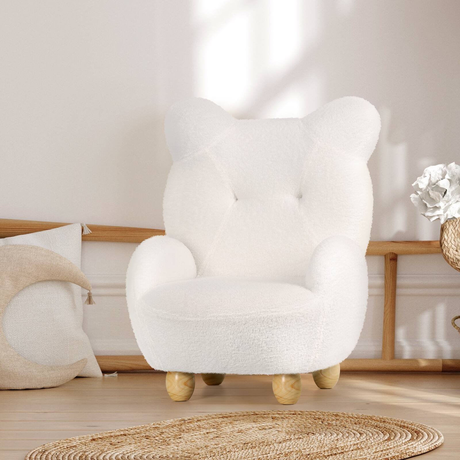 Alt View 2. Oumilen - White Bear Ear Teddy Fleece Armchair – Soft Fluffy Plush Chair with 4 Wood Legs, Small Reading Sofa for Nursery Playroom - White.
