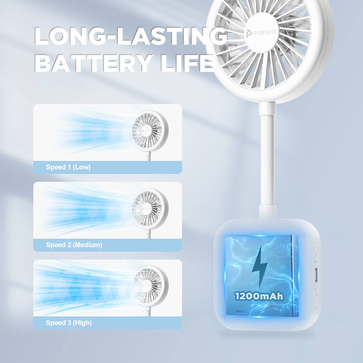 LONG-LASTING BATTERY LIFE

Speed 1 (Low)  
Speed 2 (Medium)  
Speed 3 (High)  

1200mAh