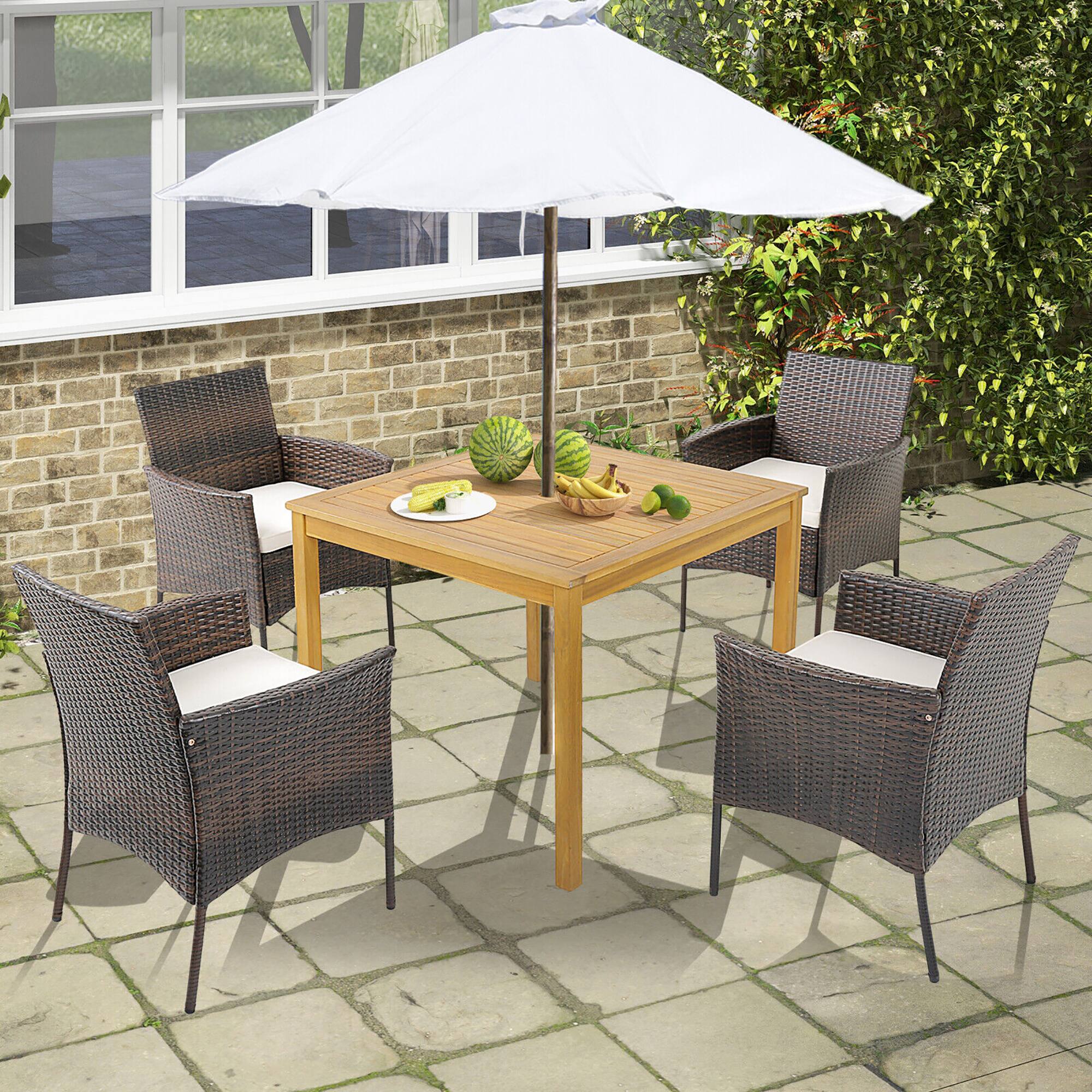 Alt View 3. Gymax - Gymax 5 PCS Patio Dining Set Acacia Wood Table w/ 1.9'' Umbrella Hole Cushioned Chairs - Natural, Mix Brown, White.