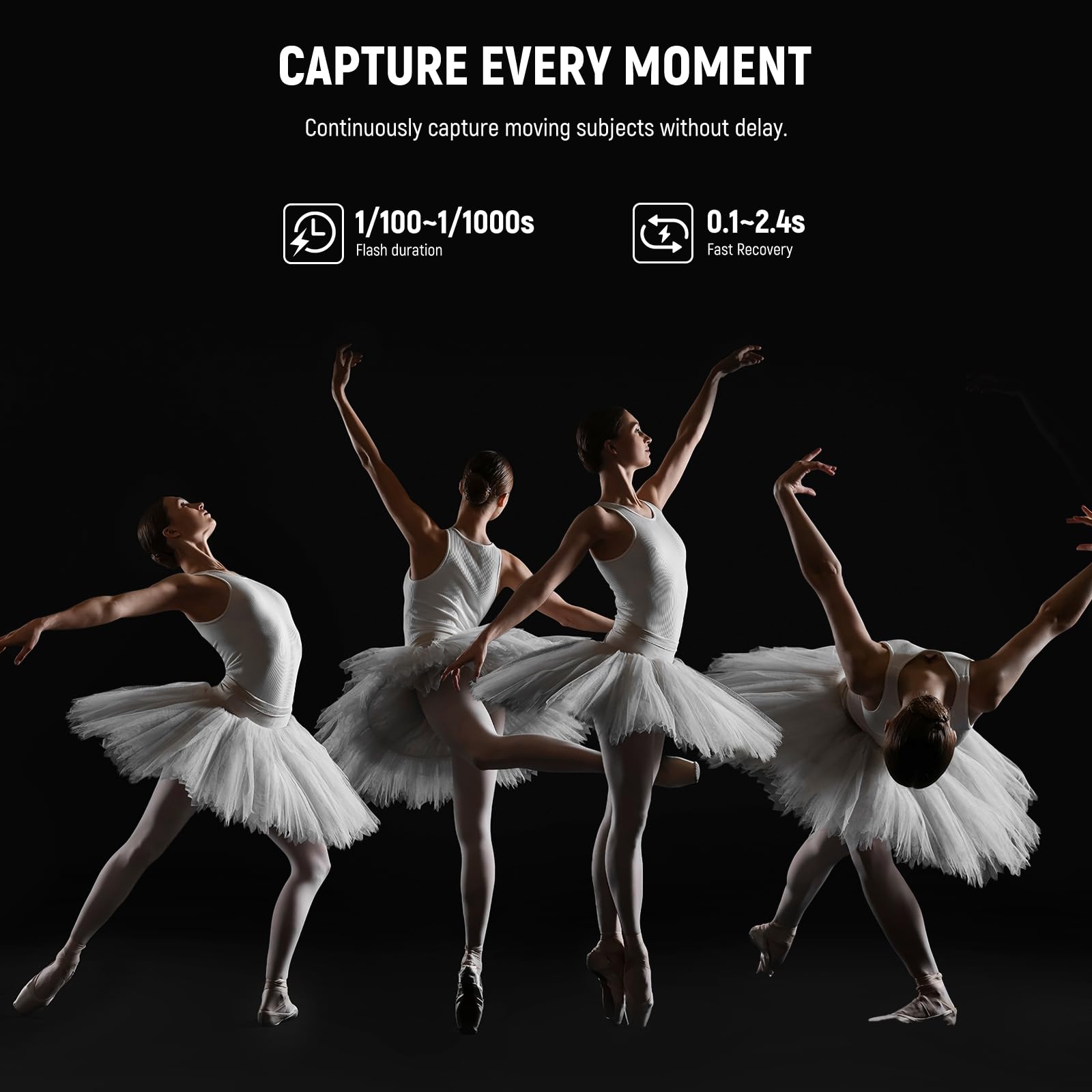 CAPTURE EVERY MOMENT  
Continuously capture moving subjects without delay.  

1/100~1/1000s  
Flash duration 0.1~2.4s  
Fast Recovery