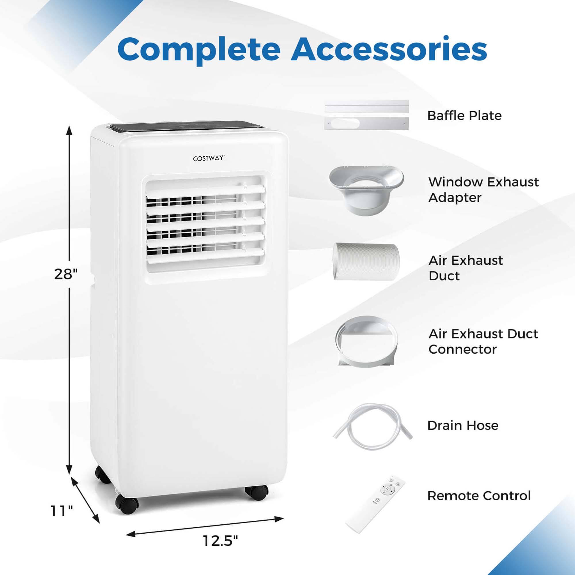Complete Accessories: Baffle Plate, COSTWAY Window Exhaust Adapter, 28" Air Exhaust Duct, Air Exhaust Duct Connector, Drain Hose (11" to Remote Control), 12.5"